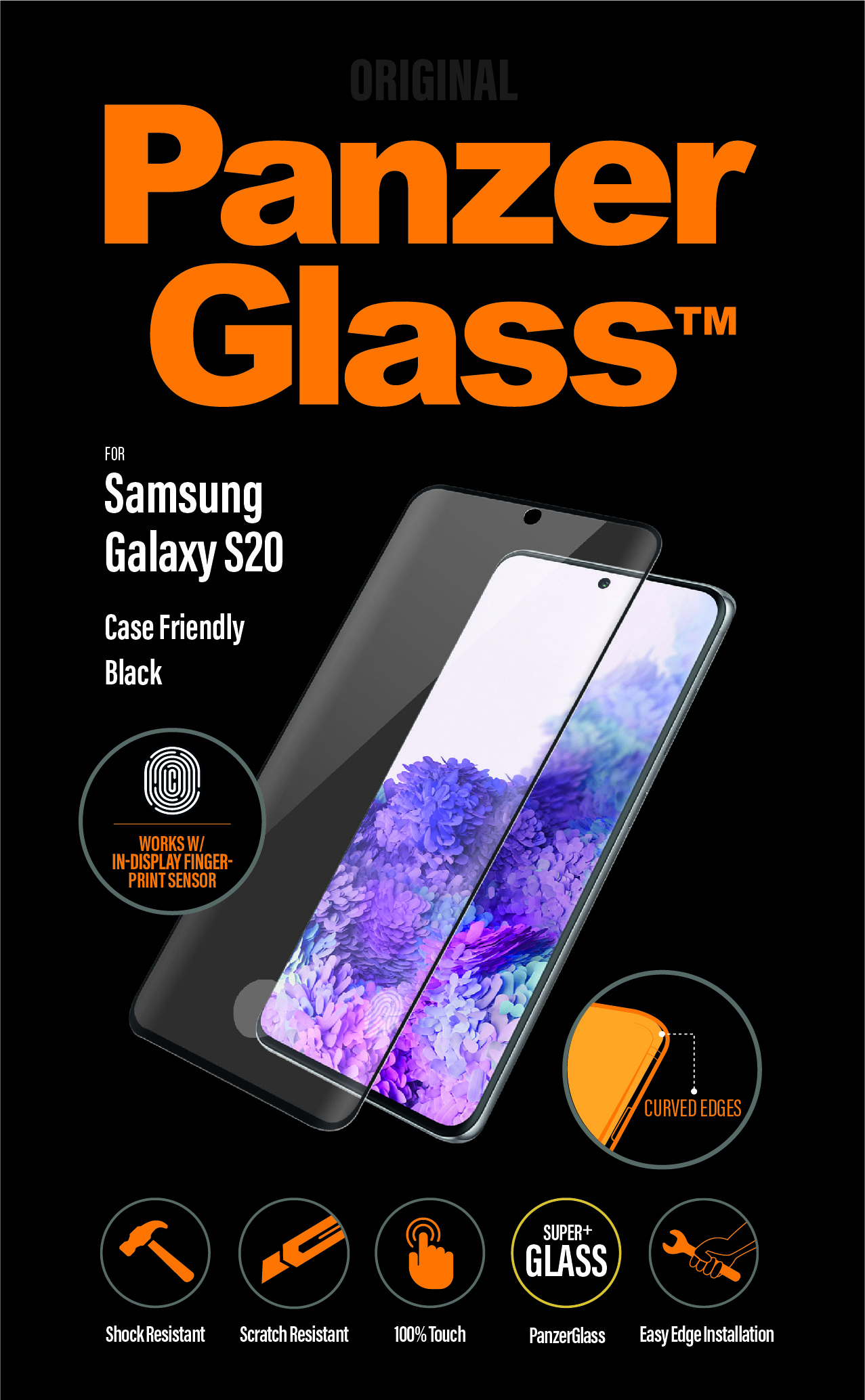 Proteggi schermo Panzer Glass nero per Samsung Galaxy S20. Resistente a urti e graffi, facile installazione.