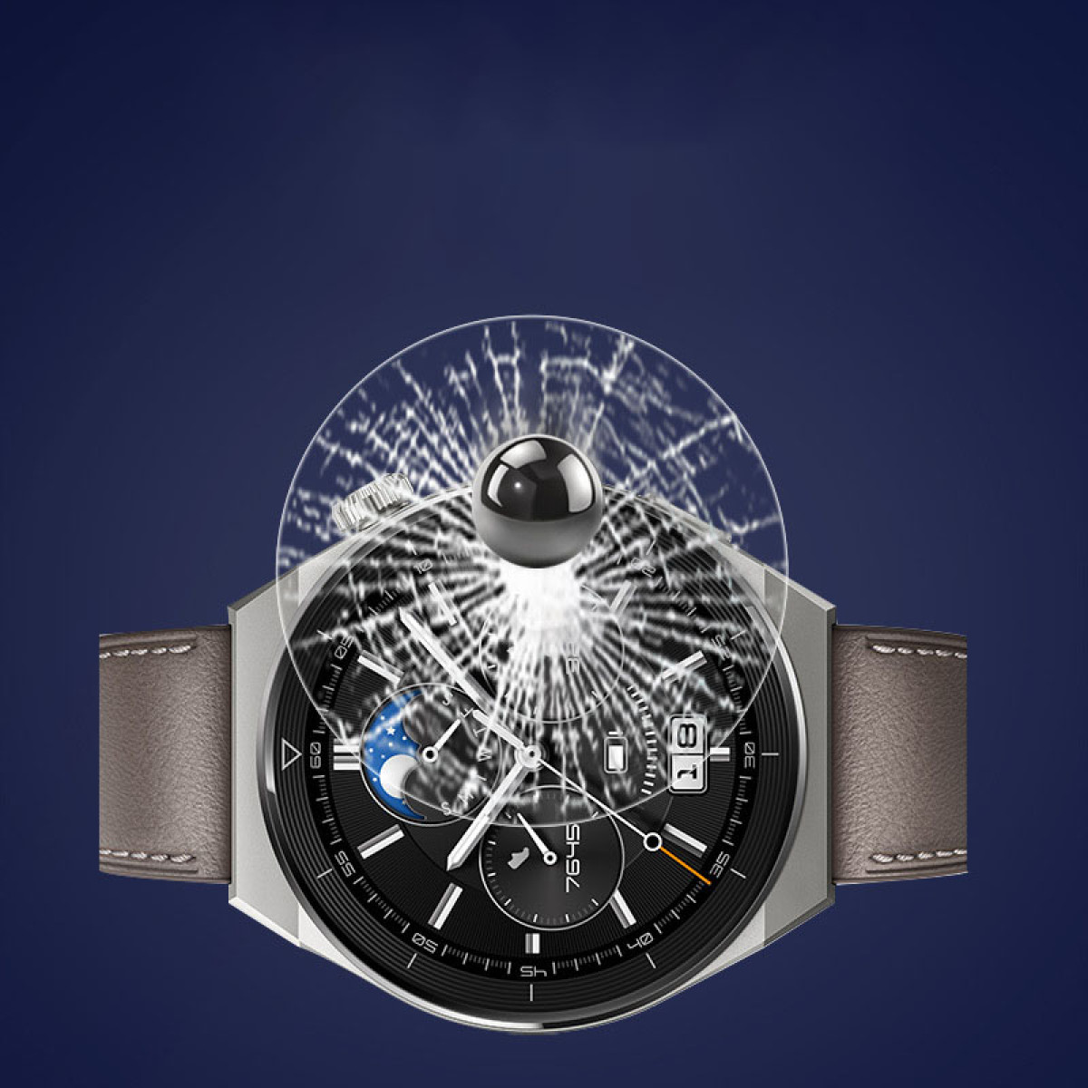 Un orologio con vetro rotto, una sfera scura sopra. Cinturino in pelle marrone, cassa argentata, quadrante nero con dettagli bianchi.