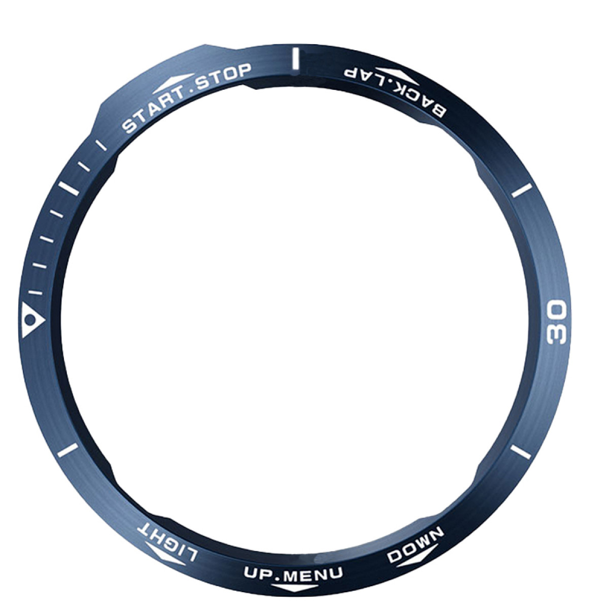 Una lunetta di orologio blu scuro con testo bianco. Legge 'START.STOP', 'BACK.LAP', 'LIGHT', 'UP.MENU', 'DOWN' e '30'.