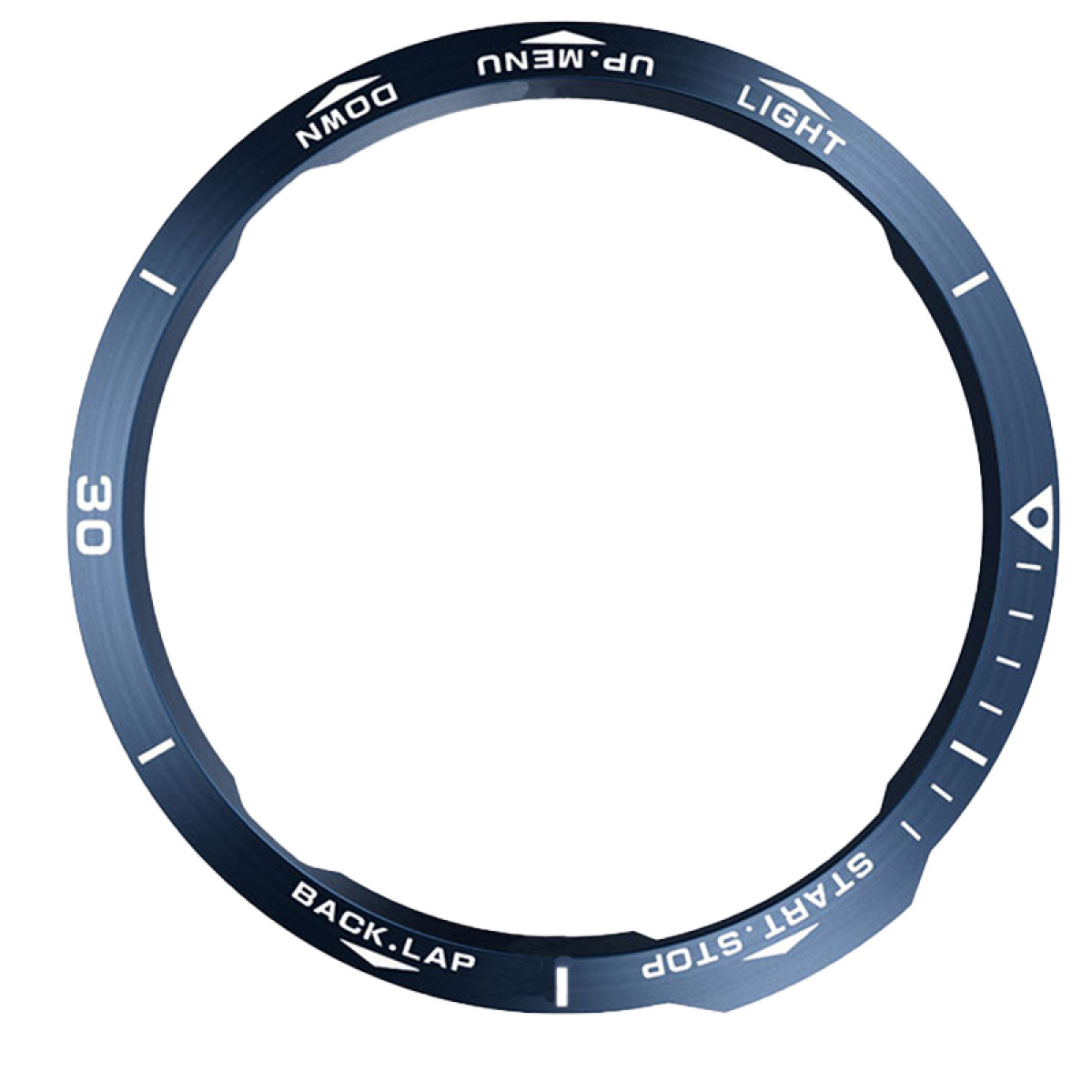 Una lunetta dell'orologio blu scuro con testo e indicatori bianchi. Il testo include 'UP.MENU', 'LIGHT', 'START.STOP', 'BACK.LAP', 'DOWN' e '30'.