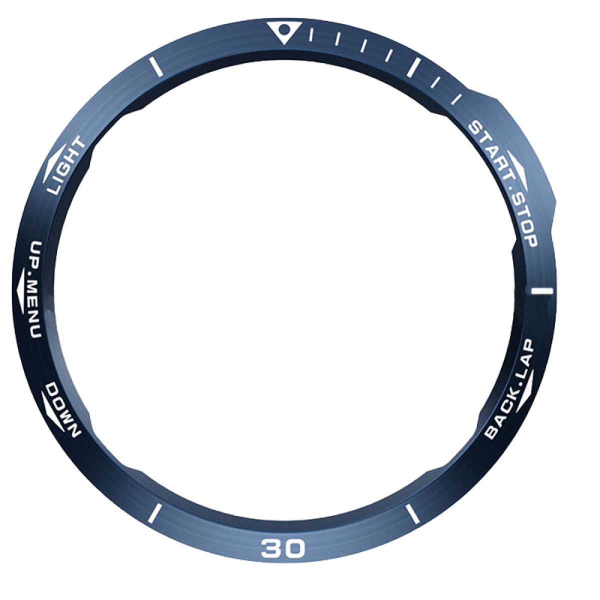 Una lunetta blu dell'orologio con testo e indicatori bianchi, tra cui 'LIGHT', 'UP.MENU', 'DOWN', '30', 'START.STOP' e 'BACK.LAP'.