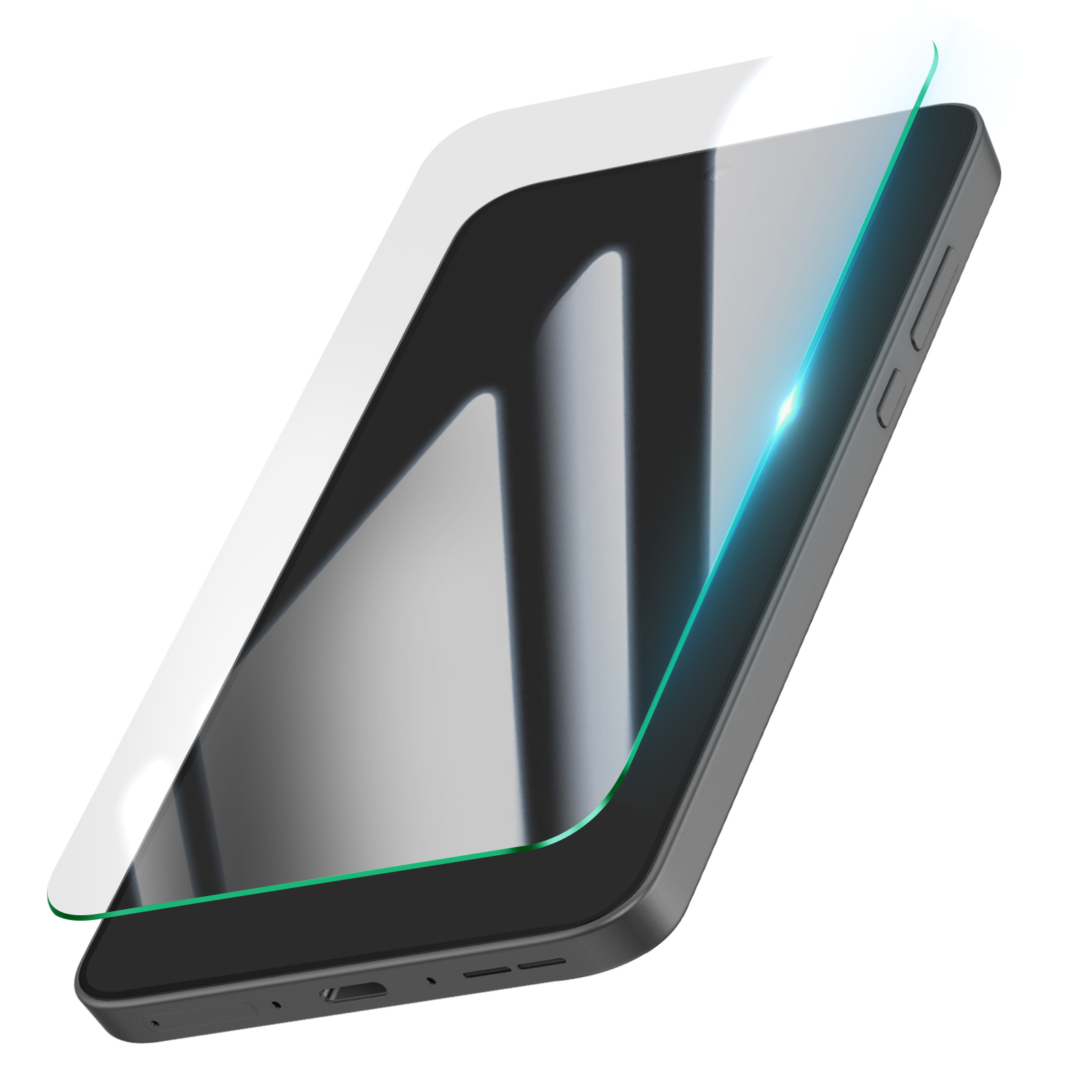 Uno smartphone con protezione schermo applicata. Il telefono è grigio scuro e la protezione è trasparente con bordo verde.