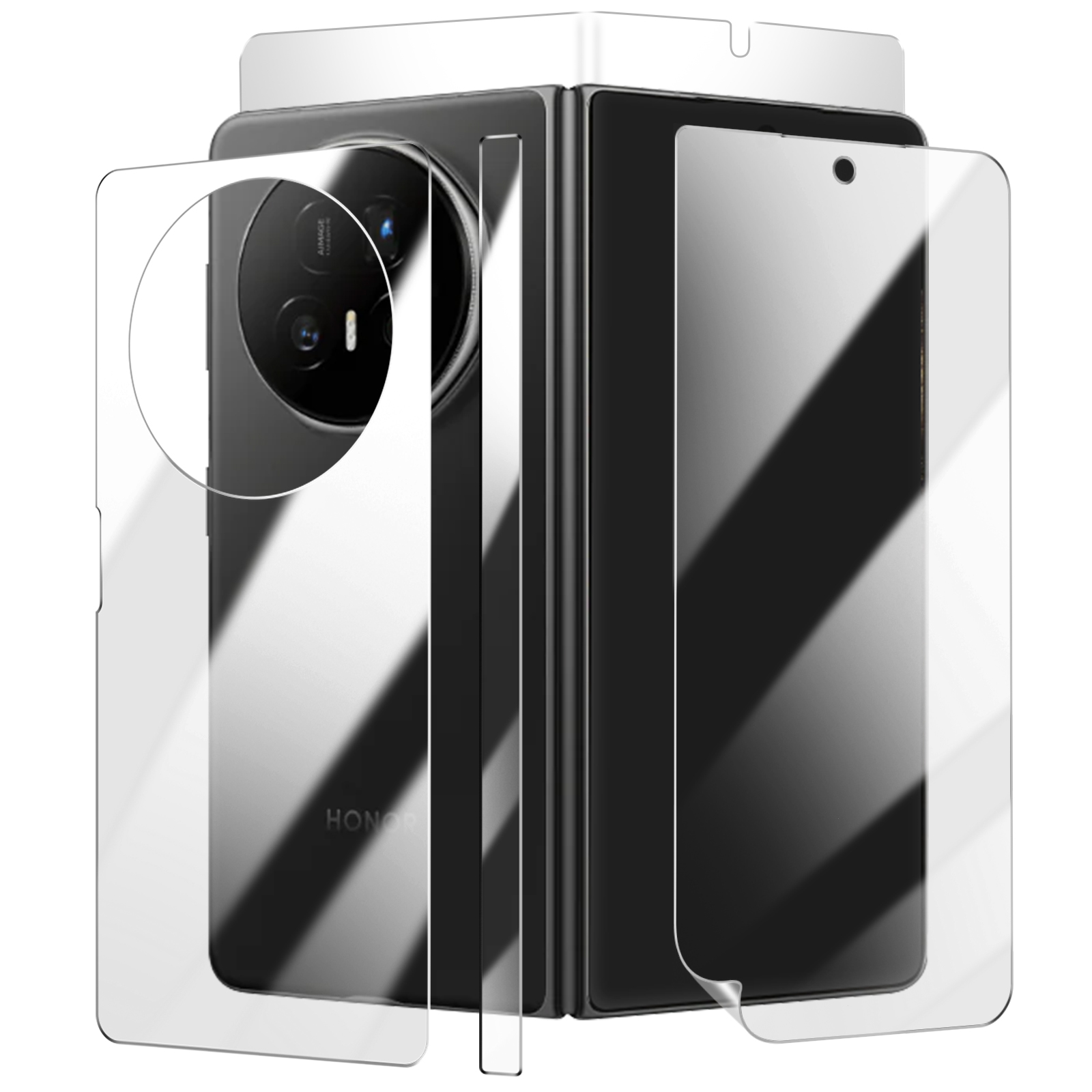 Uno smartphone con protezione schermo applicata. Il telefono è nero e piegato. La protezione è trasparente.