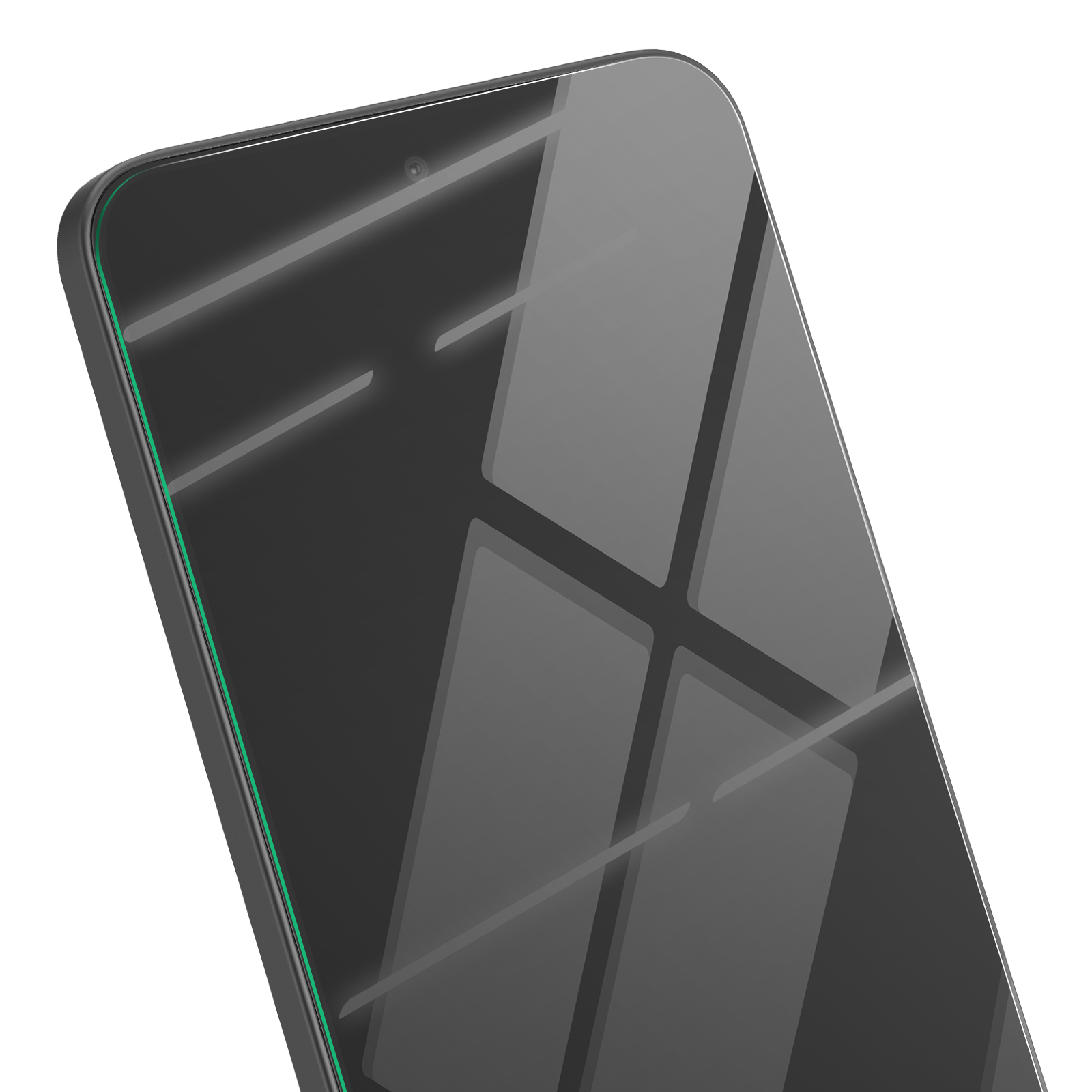 Primo piano di uno smartphone. Lo schermo riflette la luce. Il telefono ha un bordo nero con una linea verde laterale.