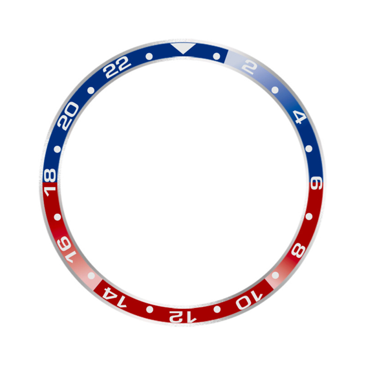Una lunetta dell'orologio rossa, bianca e blu. I numeri sono bianchi. La lunetta ha un gradiente di colore dal rosso al blu.