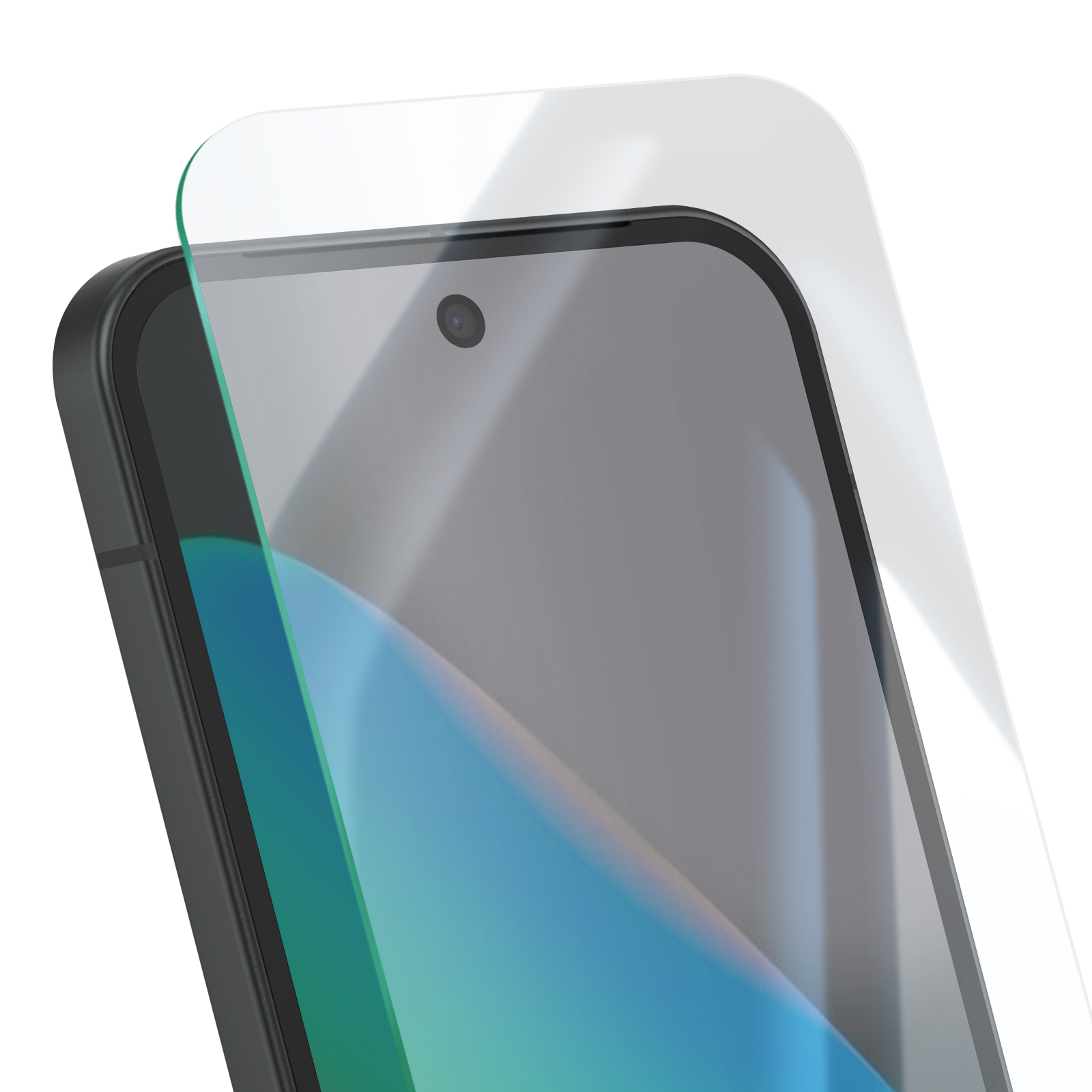 Un smartphone avec un protecteur d'écran appliqué. Le téléphone est noir, le protecteur est transparent. L'écran affiche des reflets bleus et verts.