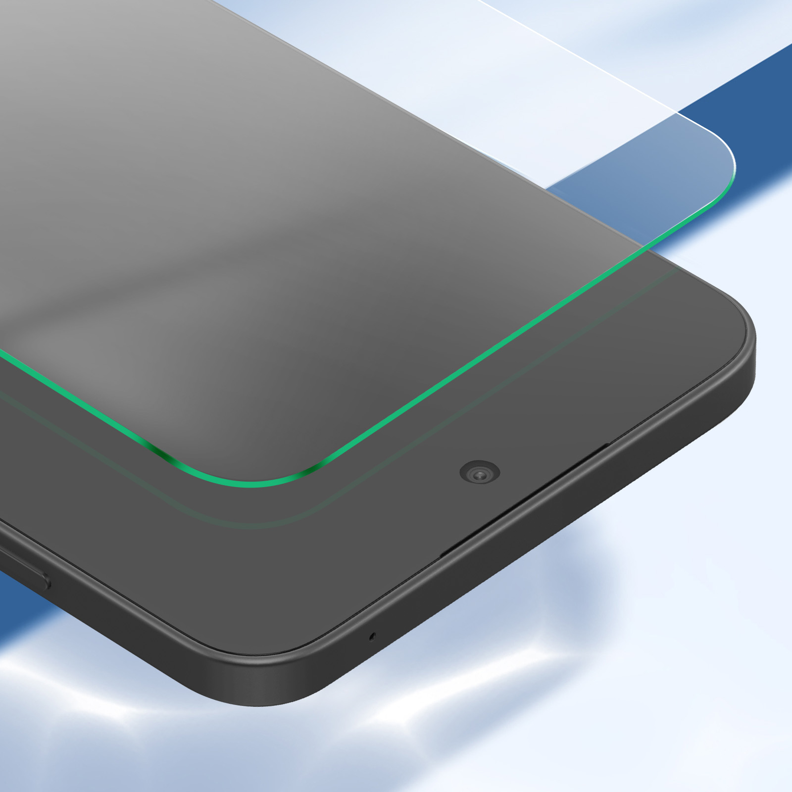 Primo piano di un telefono con protezione schermo. Lo schermo ha un bordo verde.