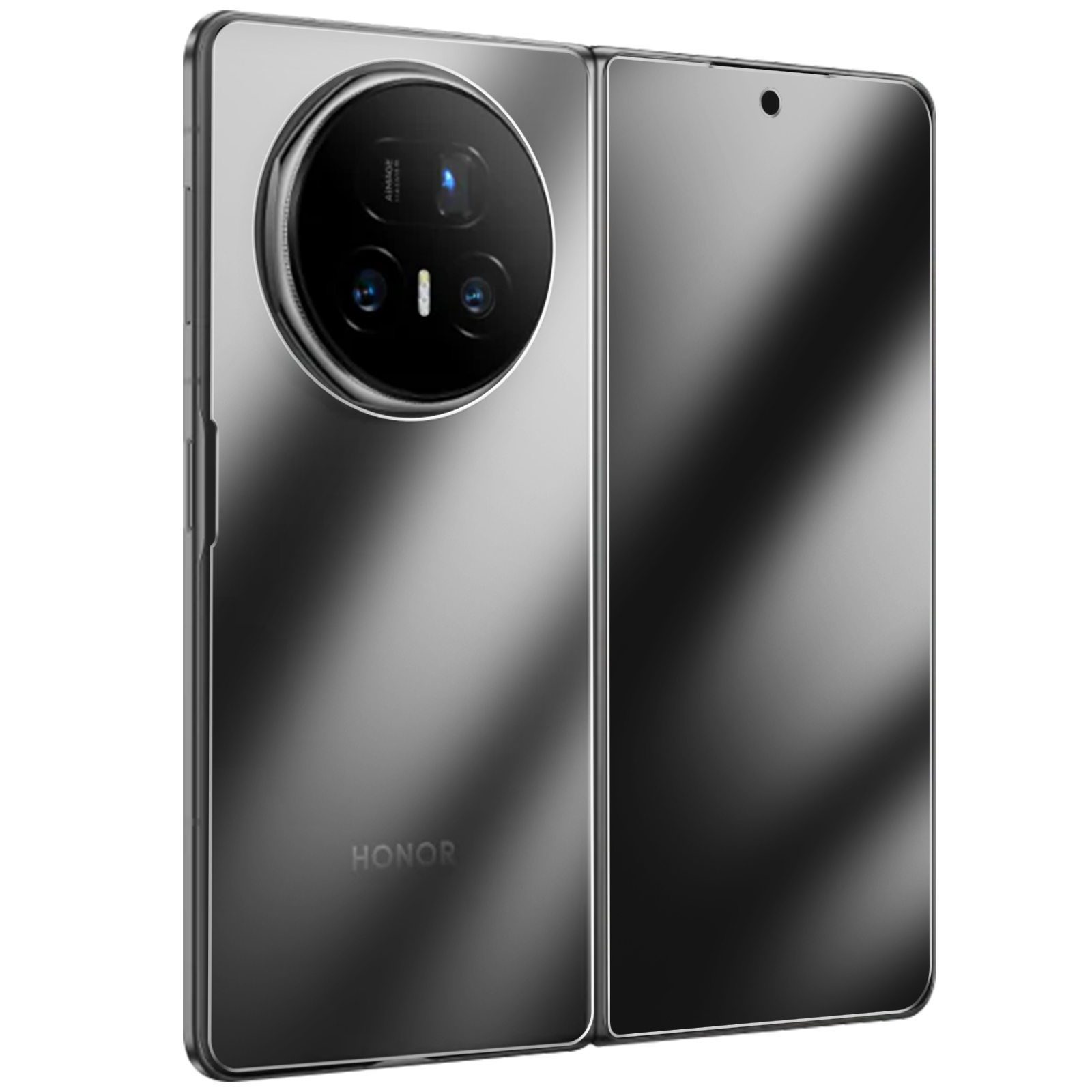 Smartphone pieghevole argento con un ampio modulo fotocamera, logo HONOR e fotocamera frontale.