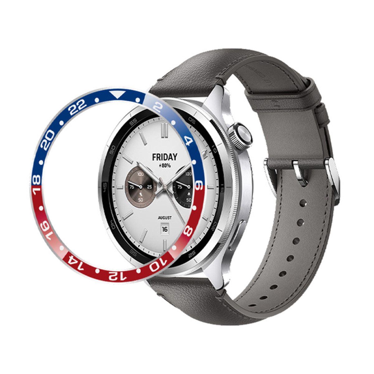 Primo piano di uno smartwatch con quadrante bianco, cinturino grigio e lunetta blu e rossa.