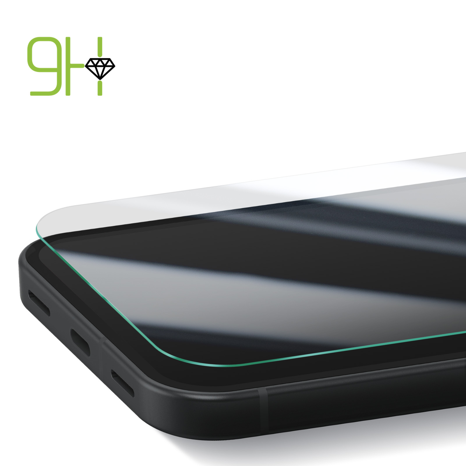 Un téléphone avec un protecteur d'écran appliqué. Le téléphone est noir, le protecteur est transparent avec un contour vert.