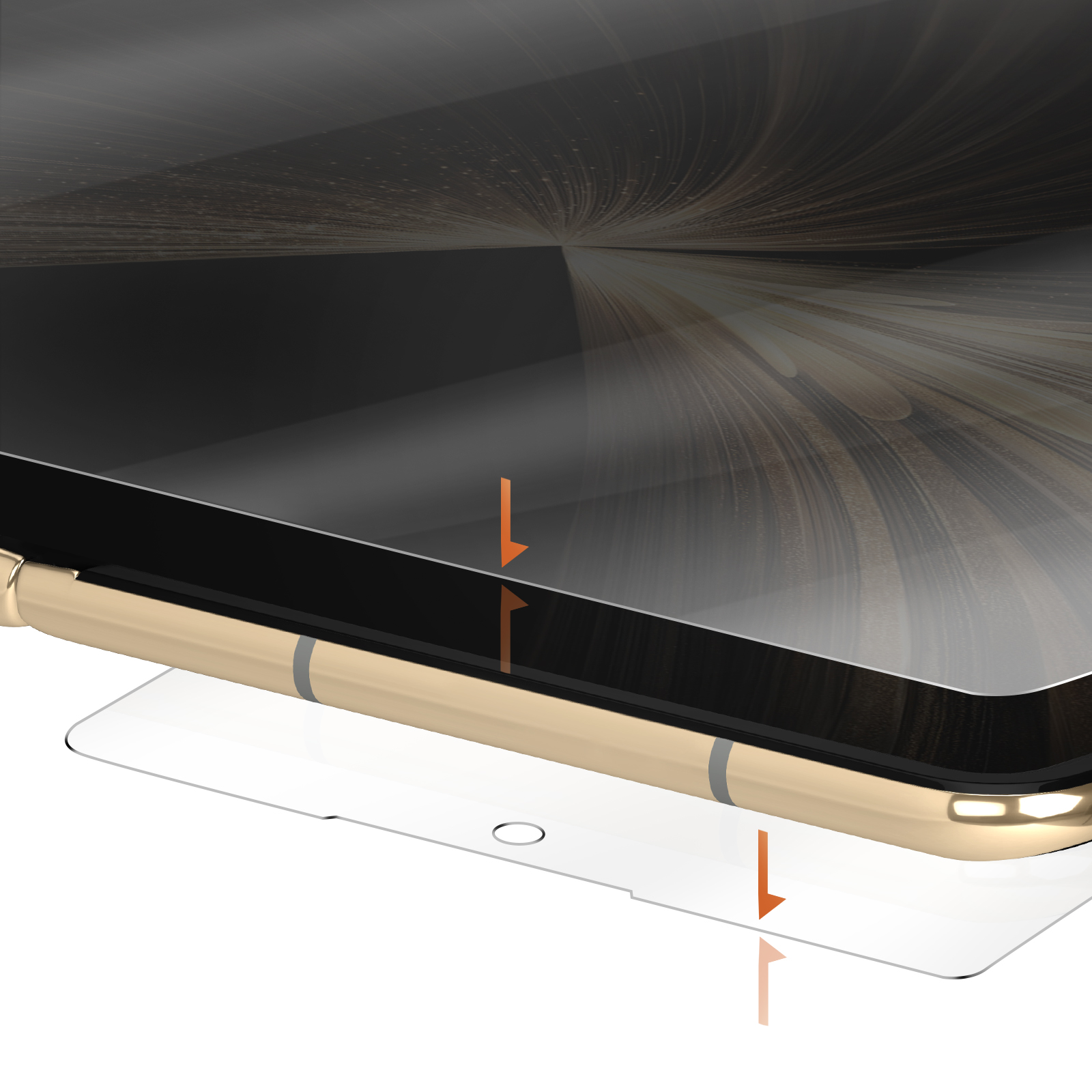 Primo piano di un telefono dorato con protezione schermo. Frecce mostrano l'applicazione. Sfondo con design.