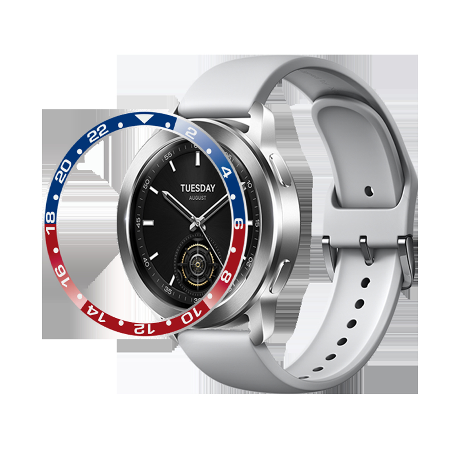 Uno smartwatch argentato con quadrante nero, cinturino bianco e lunetta rotante blu e rossa.