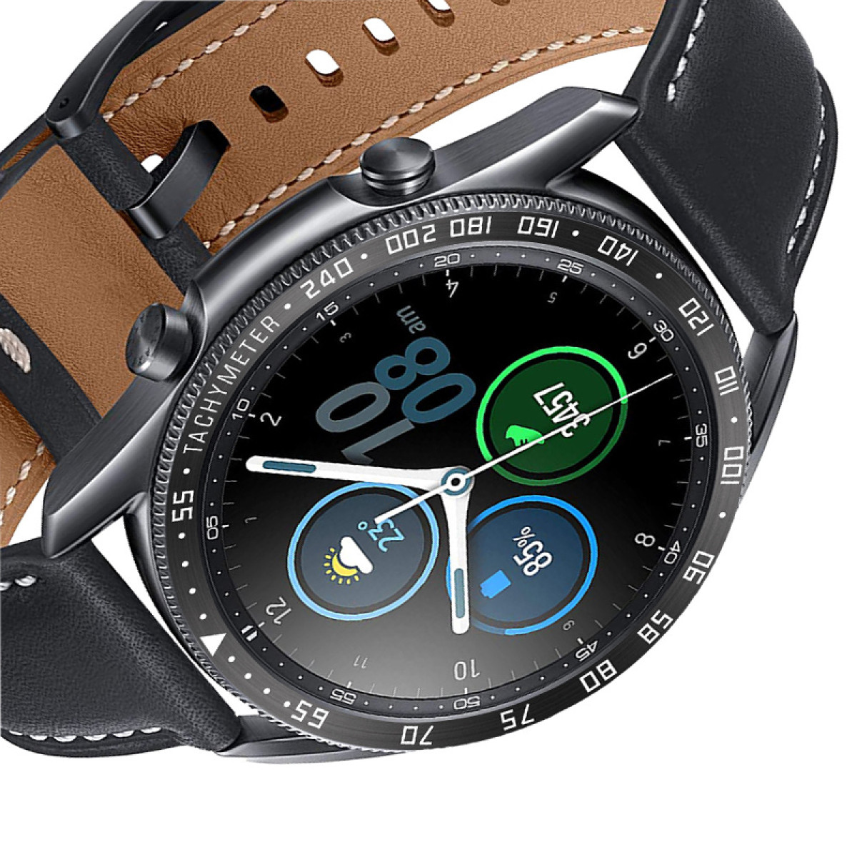 Nahaufnahme einer Smartwatch mit schwarzer Lünette, Lederarmband und Digitalanzeige mit Uhrzeit, Wetter und Akku.