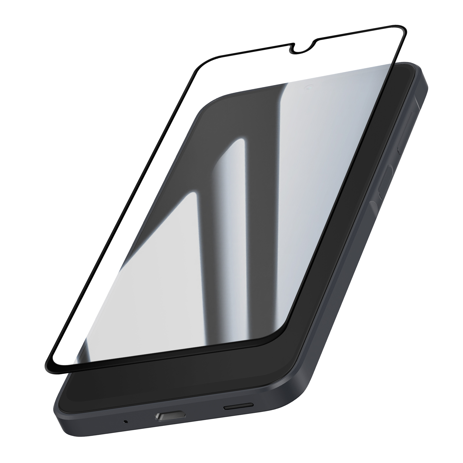 Uno smartphone con protezione schermo. Il telefono è grigio scuro, la protezione è trasparente con bordo nero.