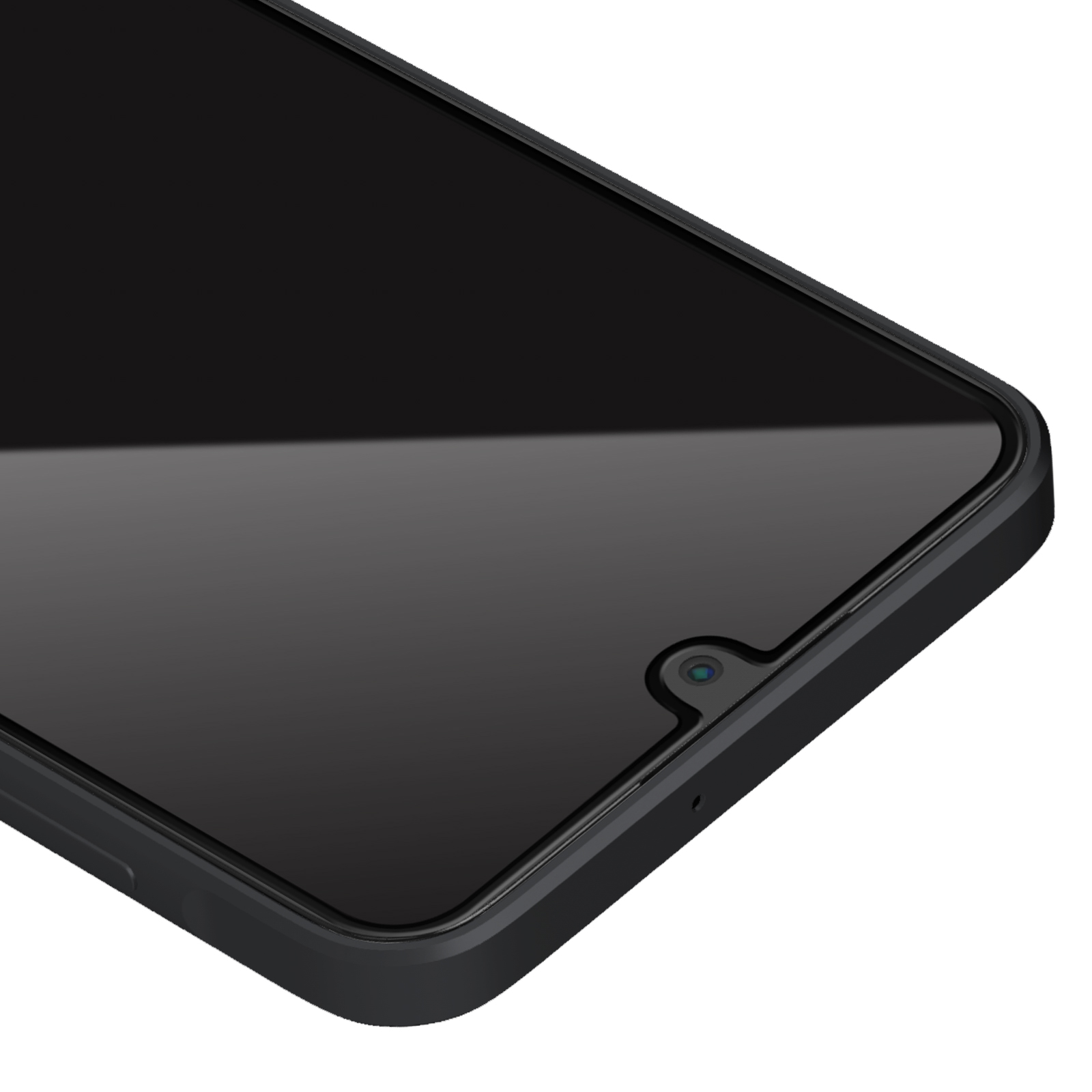 Primo piano di uno smartphone nero. Lo schermo è acceso e una fotocamera frontale è visibile. Il bordo del telefono è visibile.