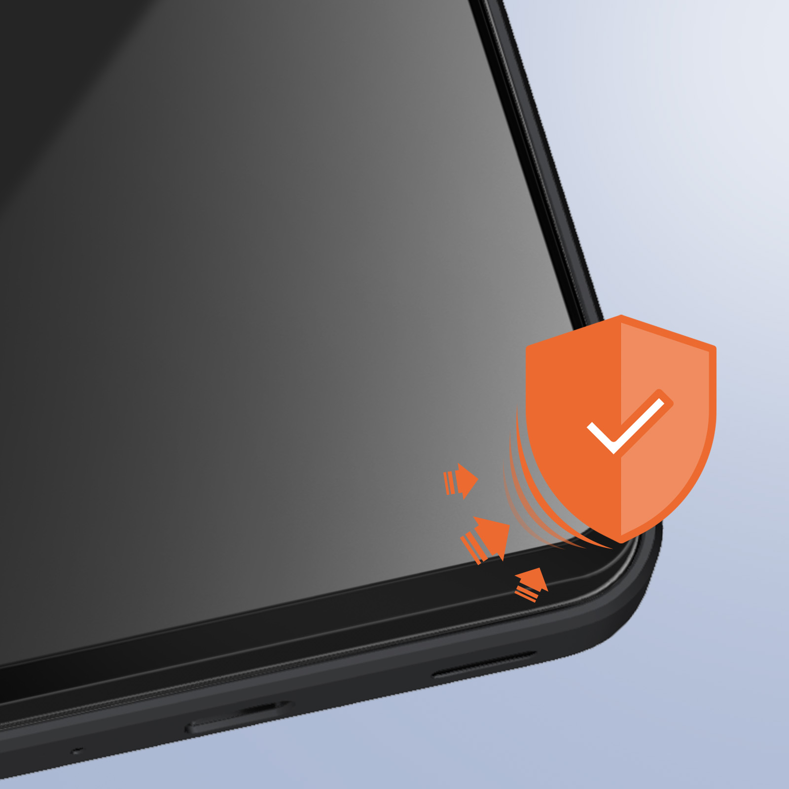 Uno schermo del telefono con un'icona a scudo arancione e frecce, che suggeriscono protezione. Telefono nero su uno sfondo sfumato grigio e blu.