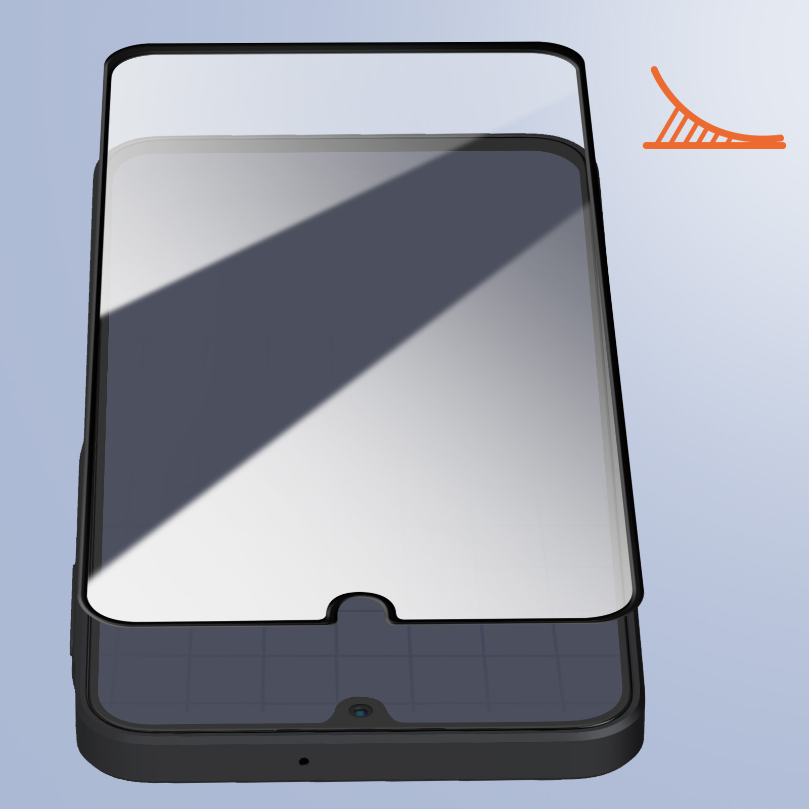 Viene applicata una protezione per lo schermo del telefono. Un telefono è su una superficie azzurra. Un grafico a linee arancioni è a destra.