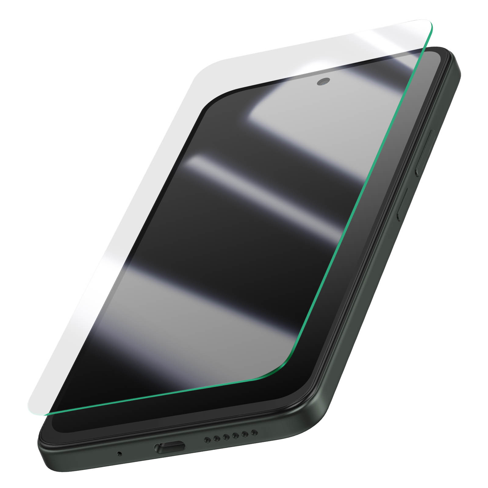 Uno smartphone con protezione schermo. Il telefono è verde scuro, la protezione trasparente, entrambi su sfondo bianco.