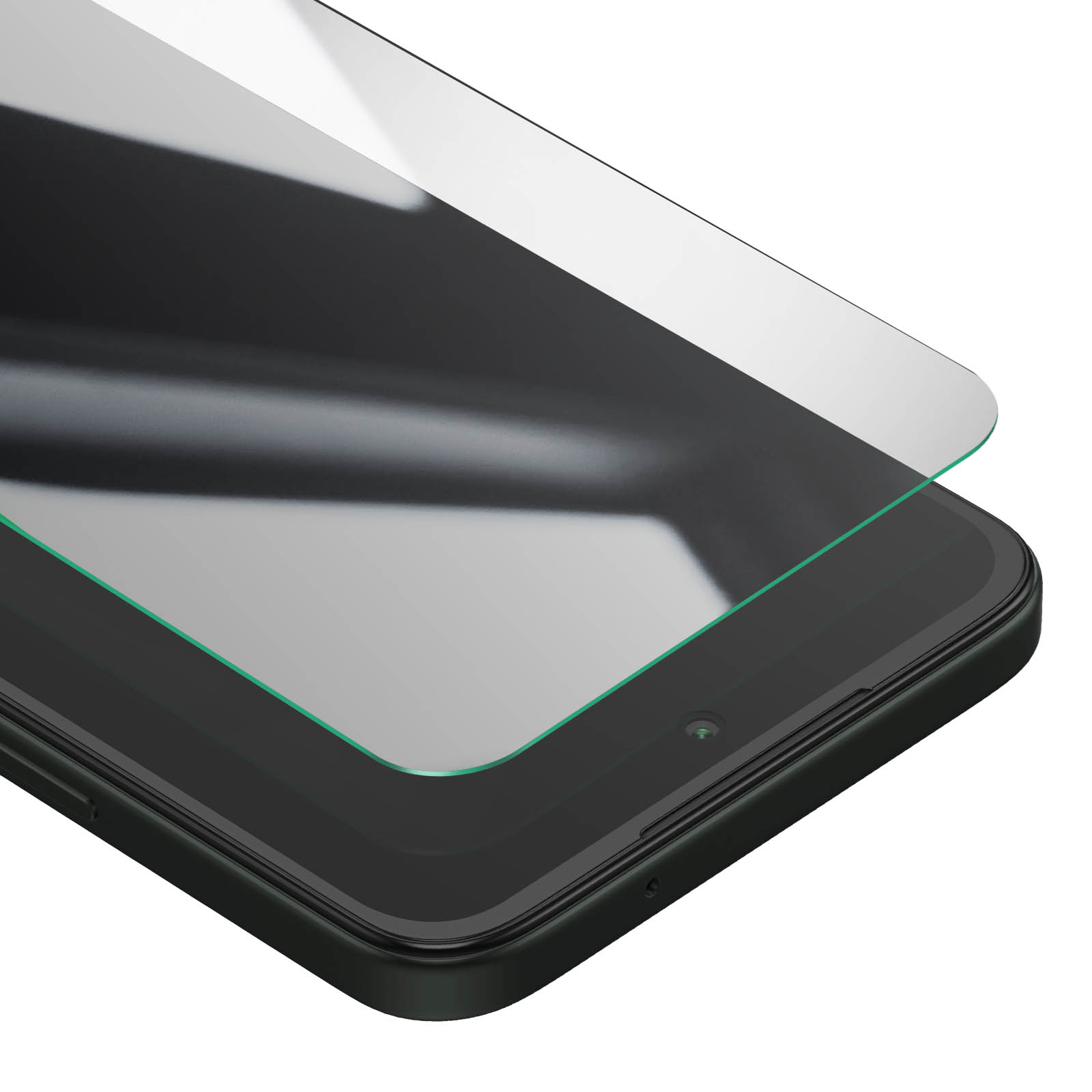 Un telefono con una protezione per lo schermo applicata. La protezione è trasparente con bordo verde. Il telefono è nero.