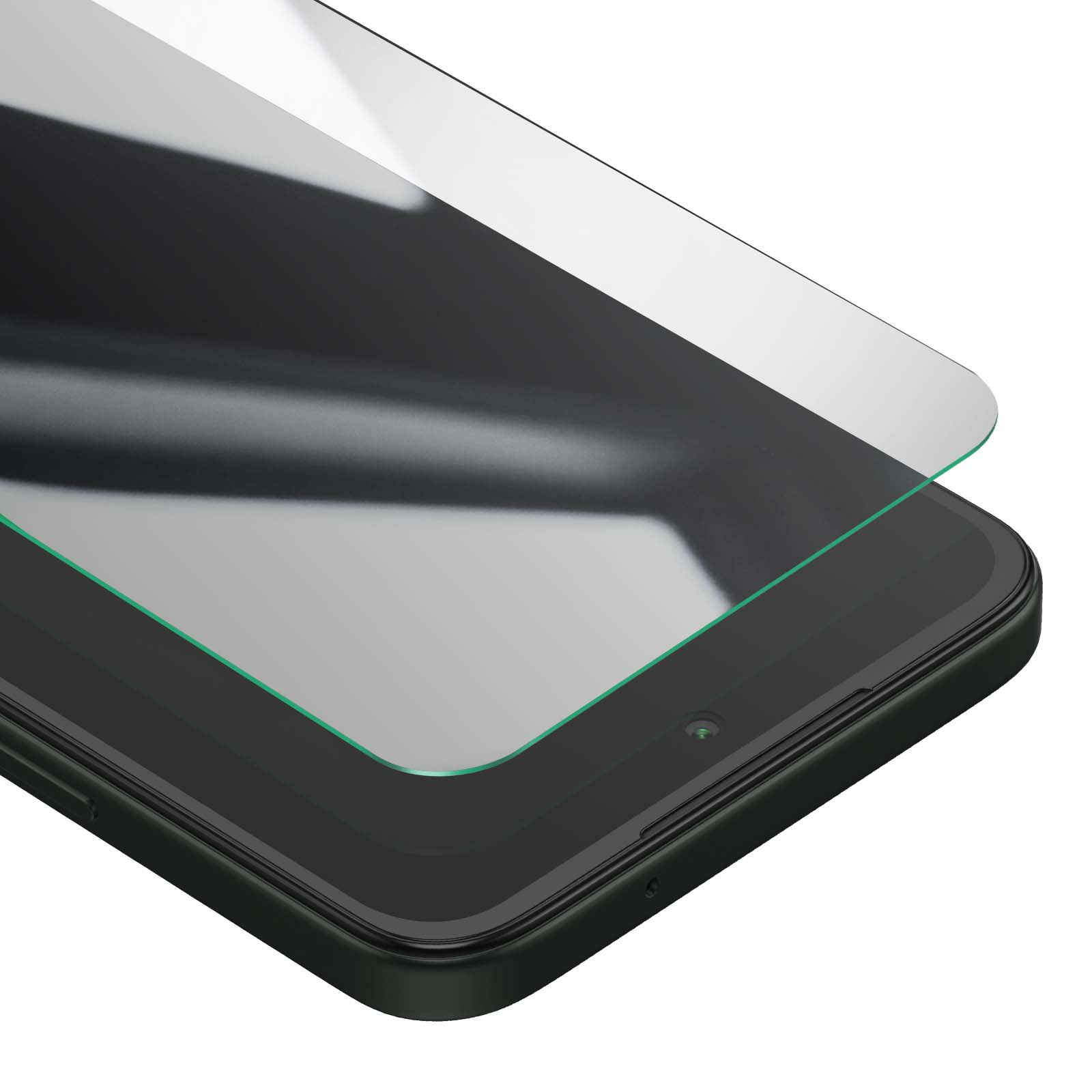 Un primo piano di un telefono con una protezione per lo schermo applicata. La protezione e il telefono sono neri, con un bordo verde.