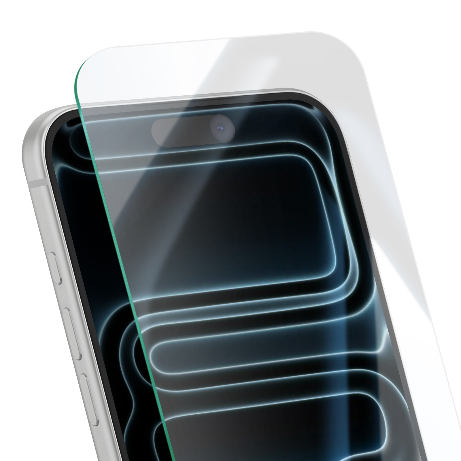 A smartphone with a screen protector applied. The screen shows neon-like lines on a dark background.