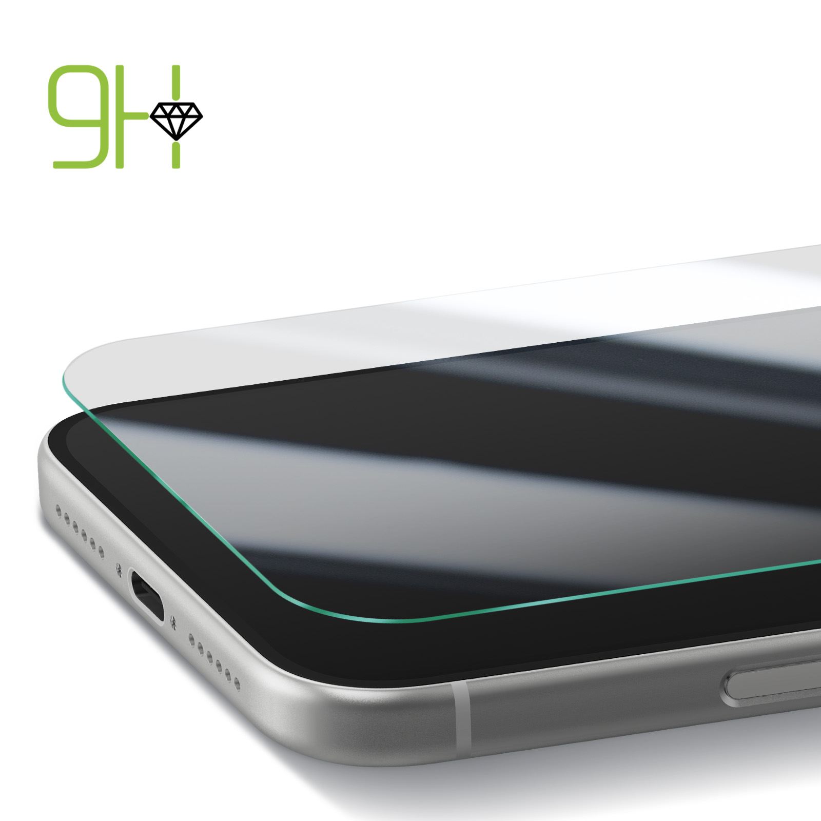 A phone with a screen protector. The protector has a green edge. The phone is silver, and the background is white.