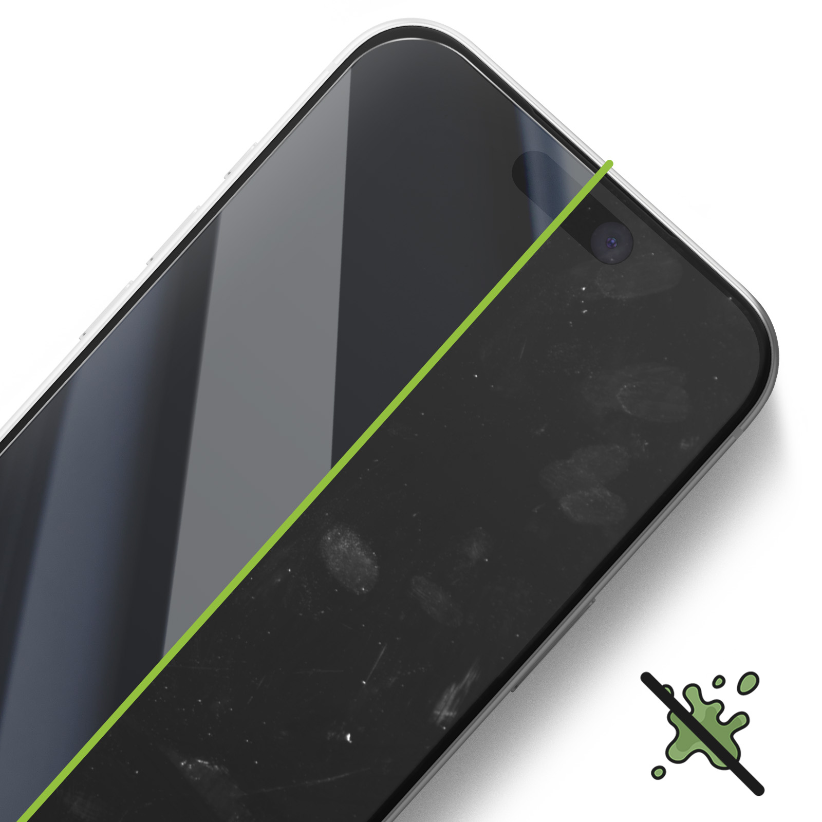 Smartphone screen with dirt and a green line. A symbol indicates no stains. White background.
