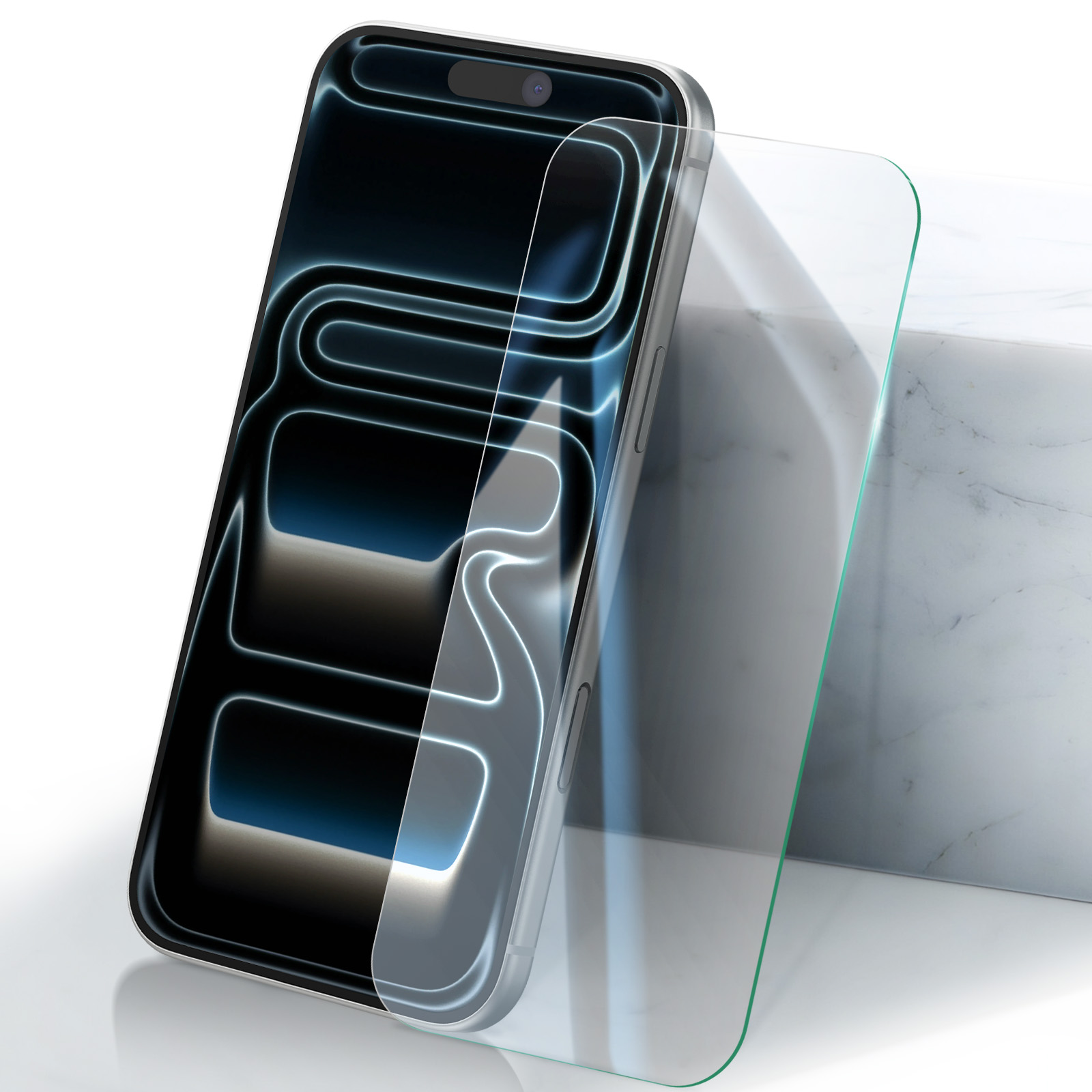A smartphone with a screen protector. The phone is silver, the screen is black with a glowing design. A clear protector is applied.