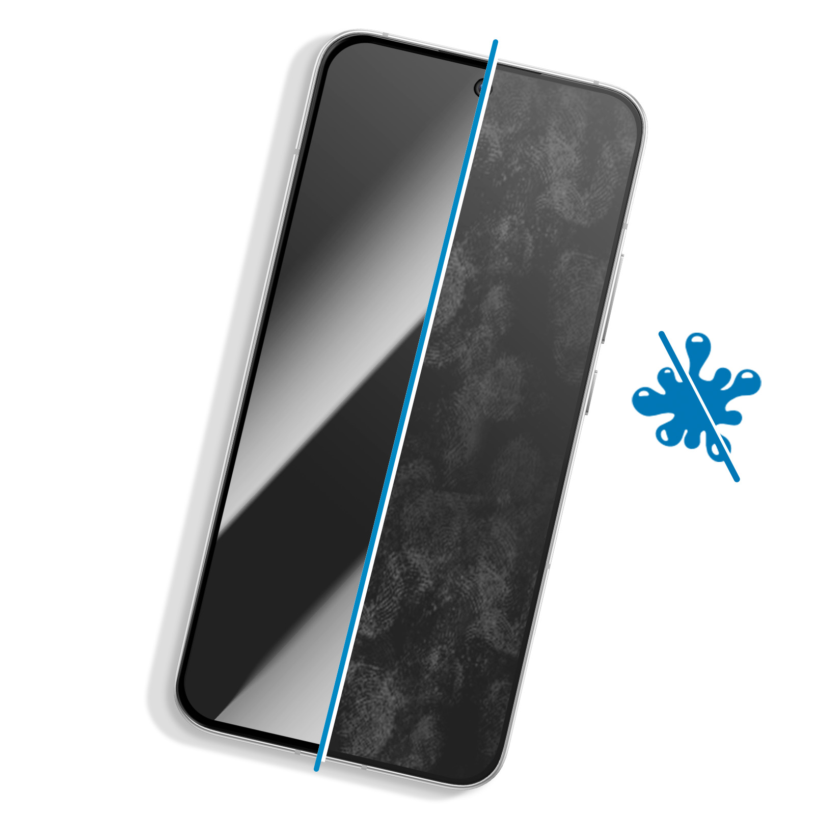 Lo schermo di uno smartphone è diviso, mostrando sezioni chiare e coperte di impronte digitali. Un'icona di spruzzo d'acqua è sbarrata.