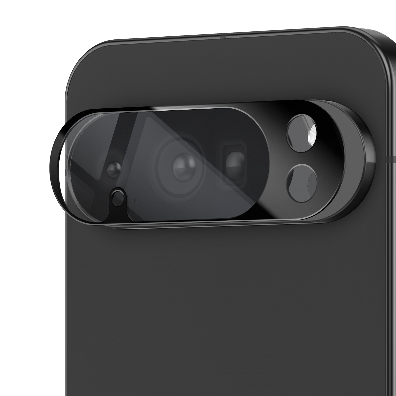 Gros plan du module caméra d'un téléphone noir avec plusieurs lentilles et un cache objectif.