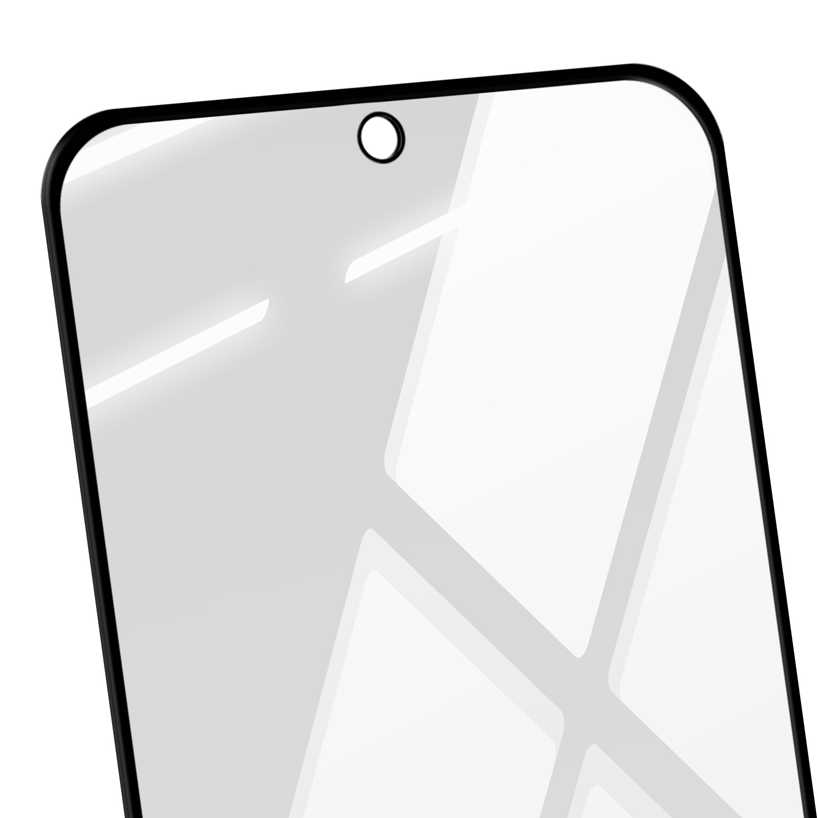 Primo piano di una protezione per lo schermo. Ha un bordo nero e un ritaglio circolare per la fotocamera in alto.