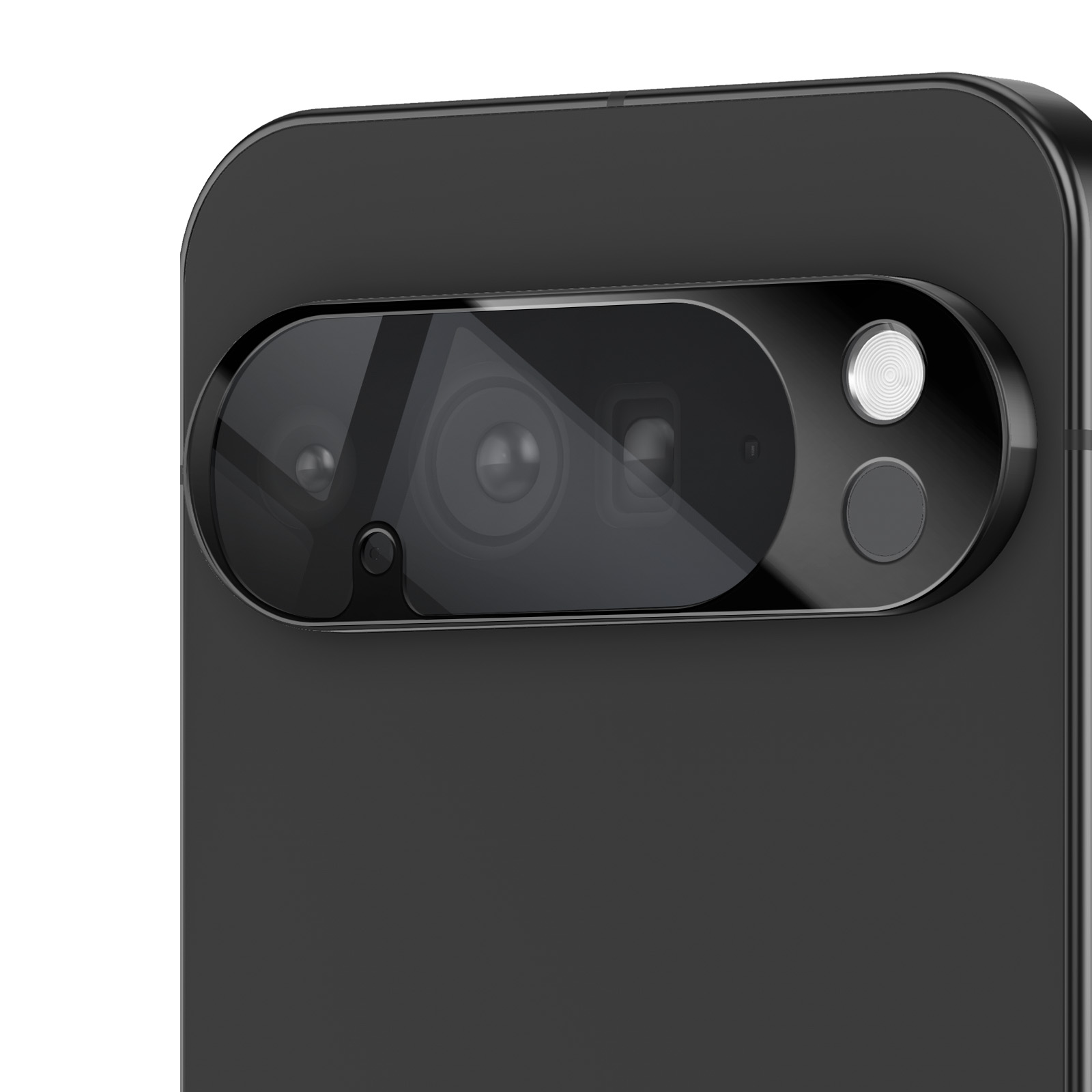 Gros plan de l'arrière d'un smartphone noir avec module caméra. Objectifs, flash et un petit bouton sont visibles.
