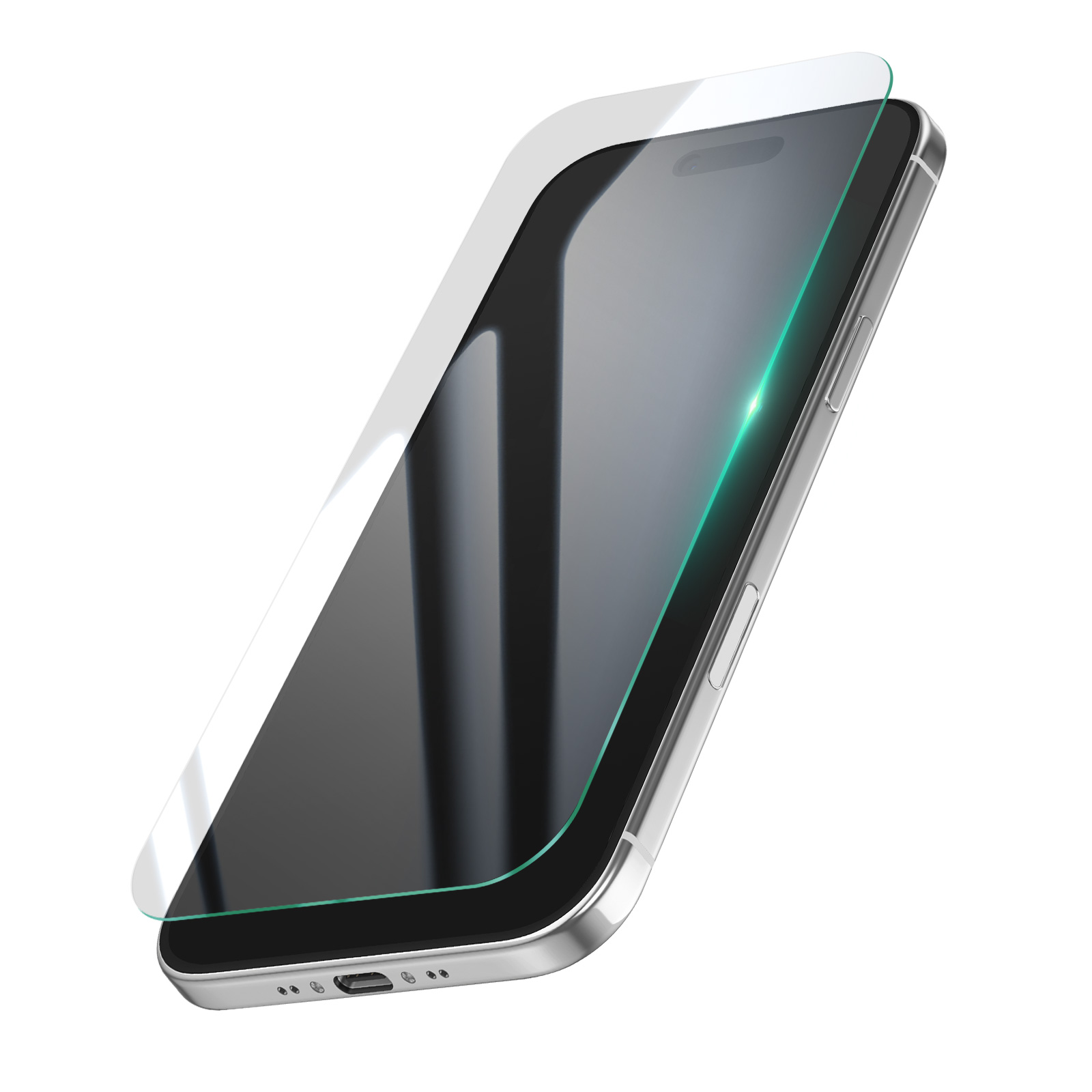 Un smartphone avec un protecteur d'écran. Le téléphone est argenté et le protecteur est transparent. Le fond est blanc.
