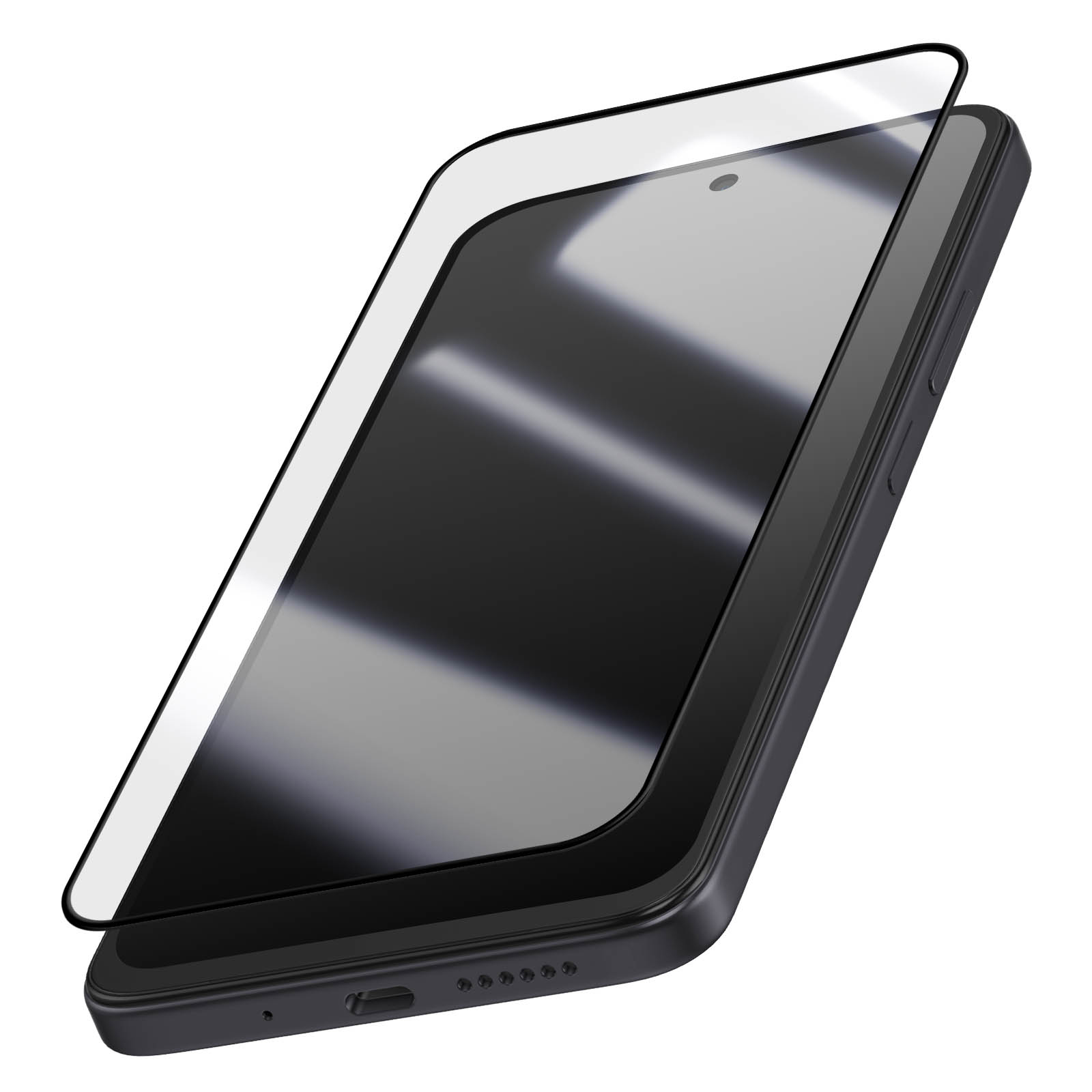 Uno smartphone nero con una protezione per lo schermo applicata. La protezione è leggermente rialzata. Il telefono è su sfondo bianco.