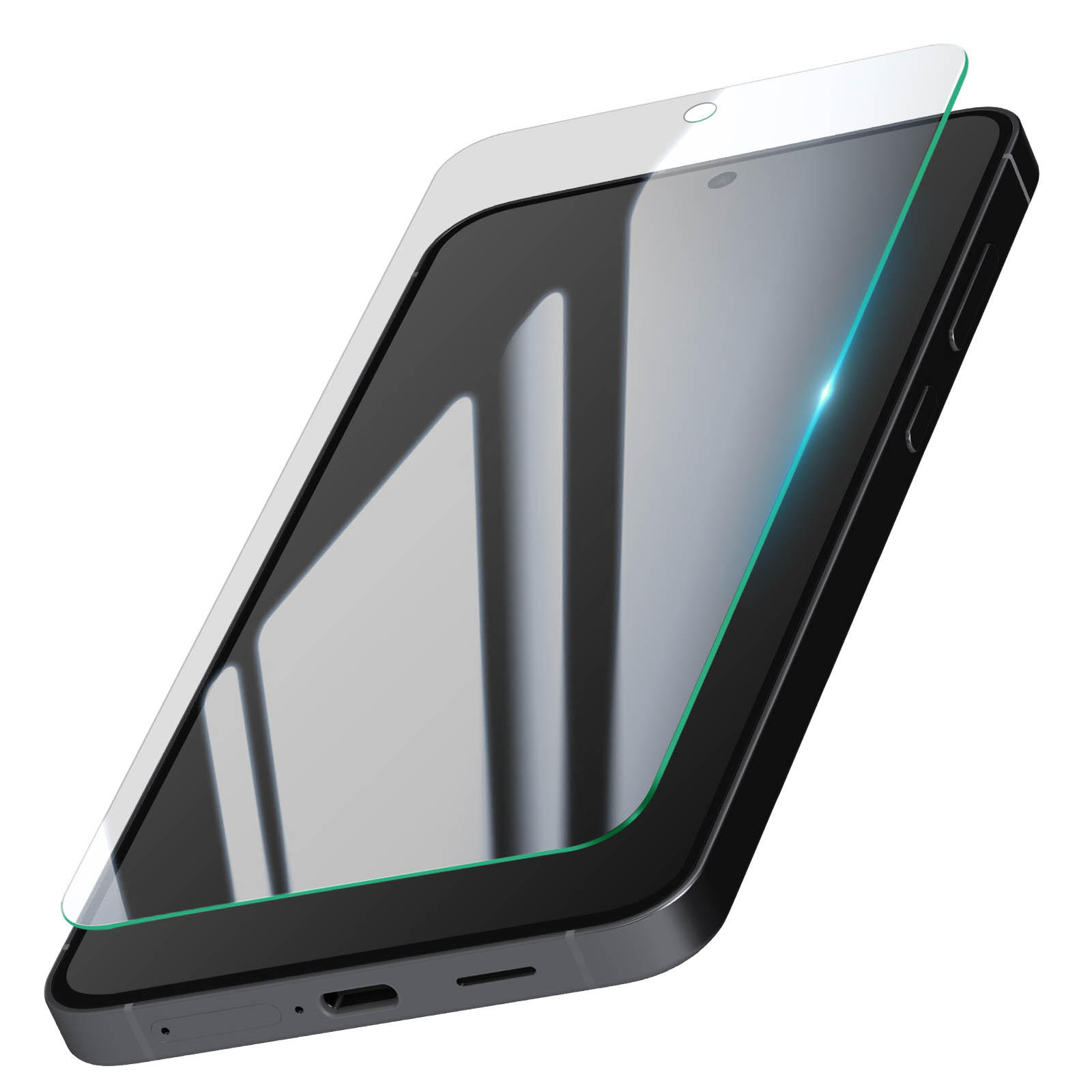 Uno smartphone con protezione schermo applicata. Il telefono è nero con protezione schermo in vetro. Sfondo bianco.