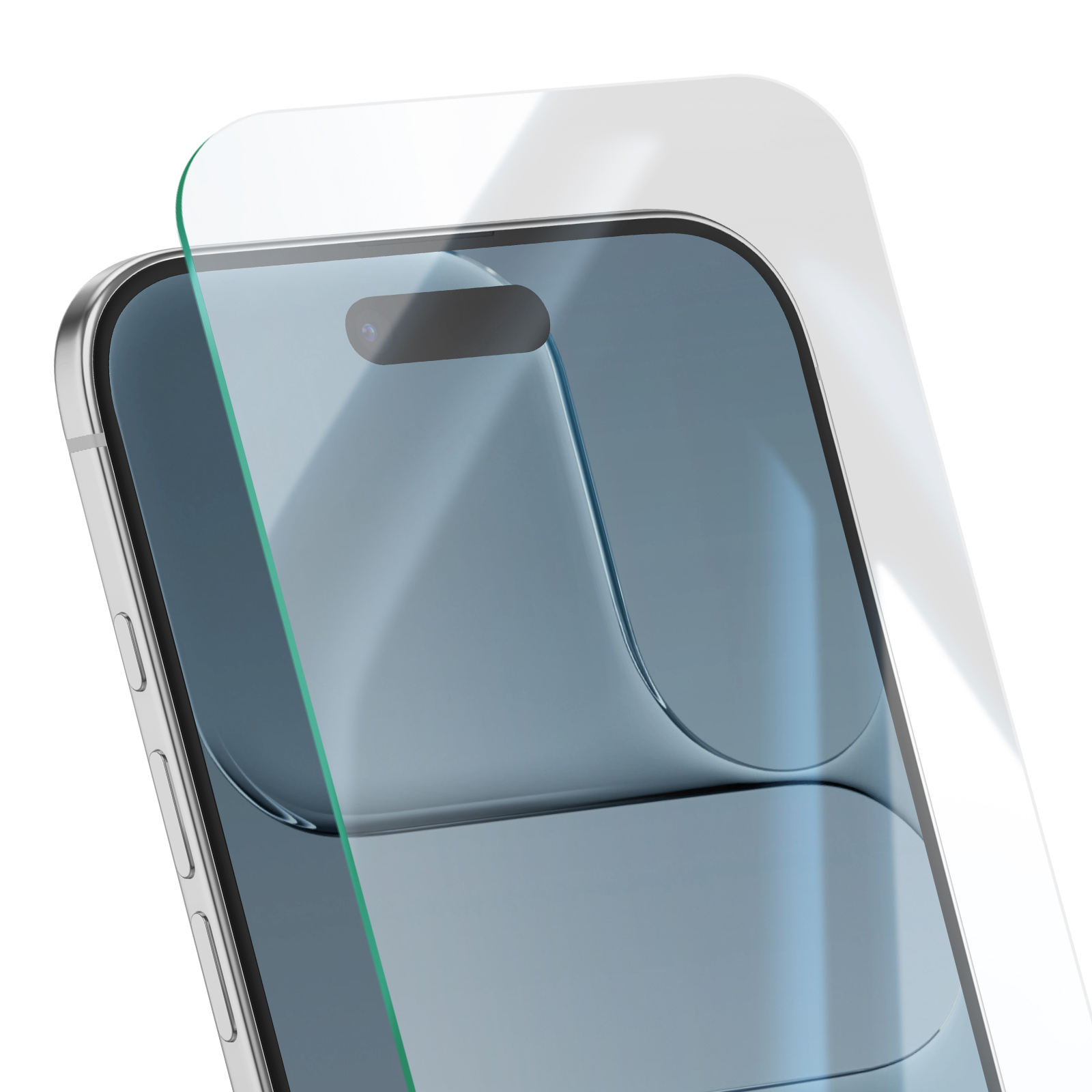 Un smartphone avec un protecteur d'écran appliqué. L'écran est bleu et le protecteur est transparent. La caméra est visible.