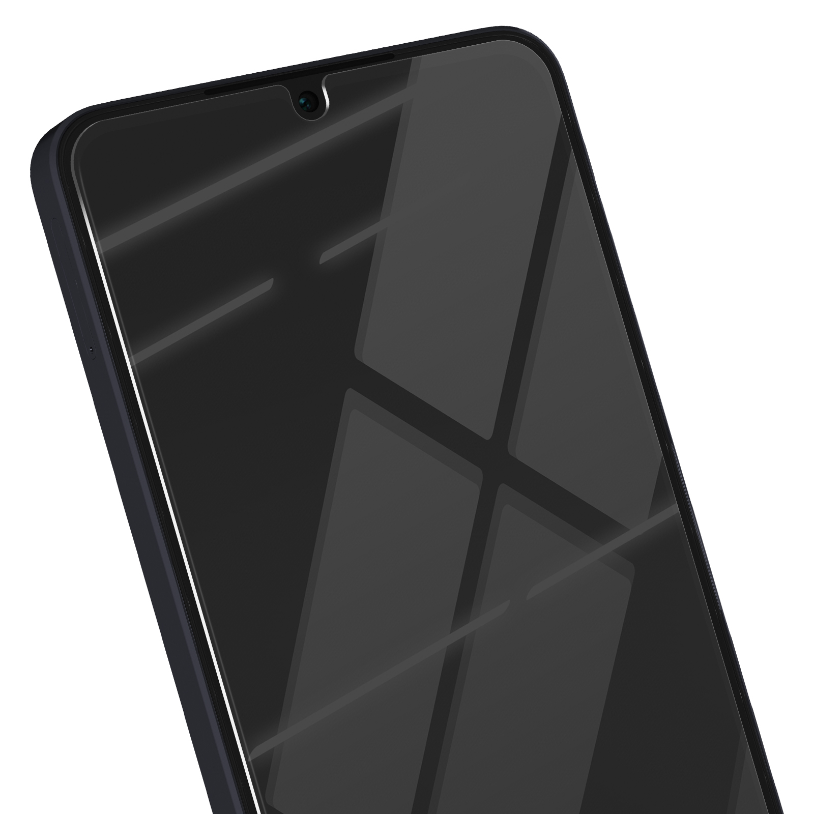 Gros plan d'un smartphone avec écran noir et cadre bleu foncé. L'écran réfléchit la lumière. Une caméra frontale est visible.