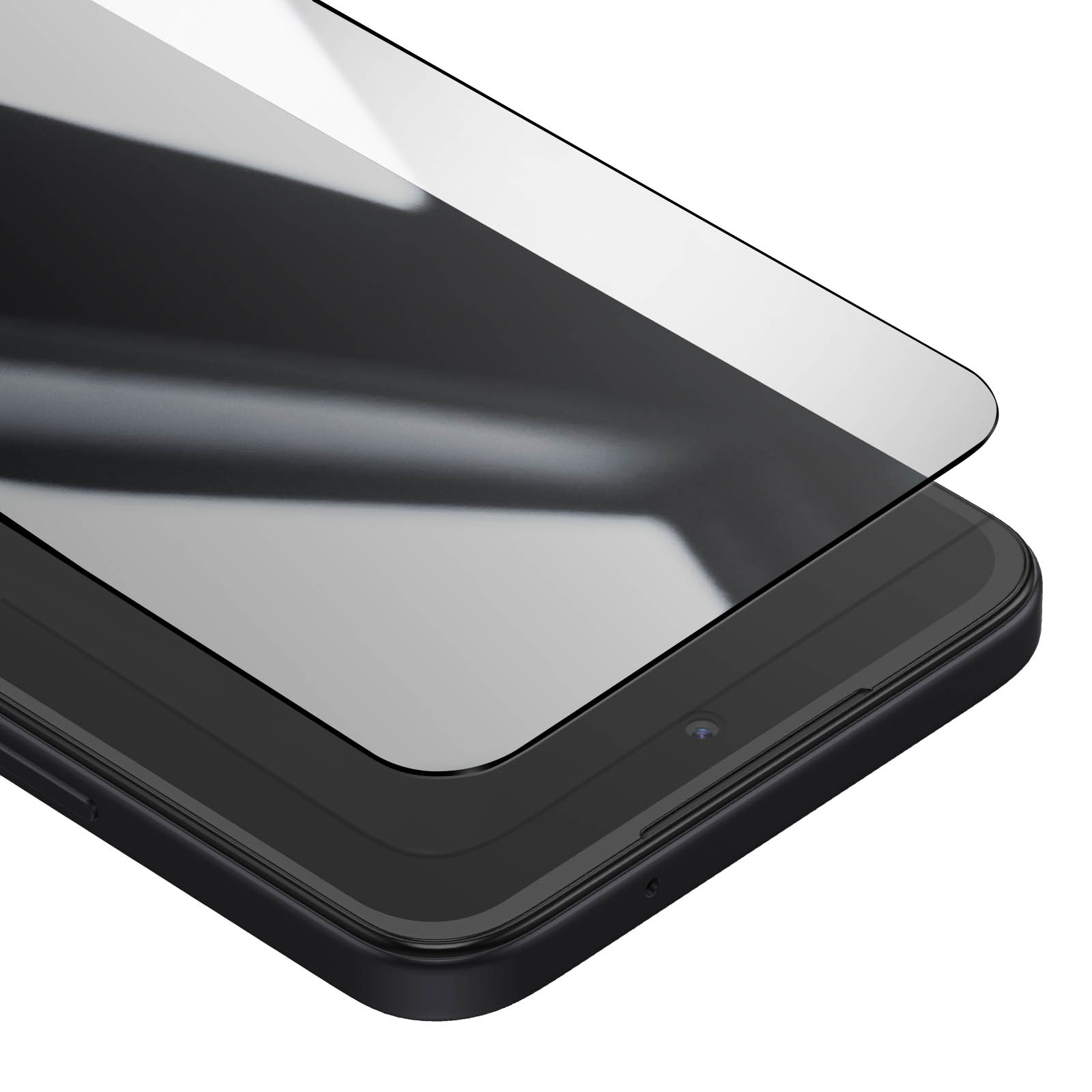 Un tablet con protezione schermo. La protezione schermo è leggermente sollevata. Tablet nero.