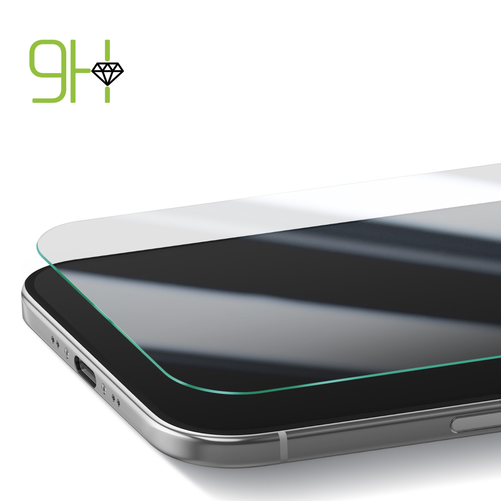 Un téléphone avec un protecteur d'écran. Le protecteur est transparent avec un contour vert. Le téléphone a un cadre argenté.