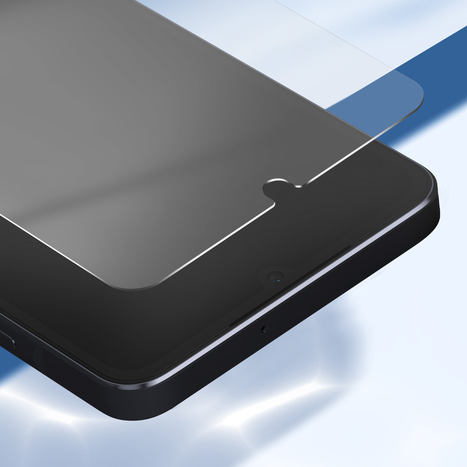 Gros plan d'une tablette noire avec un protecteur d'écran. Le fond est bleu clair avec des reflets.