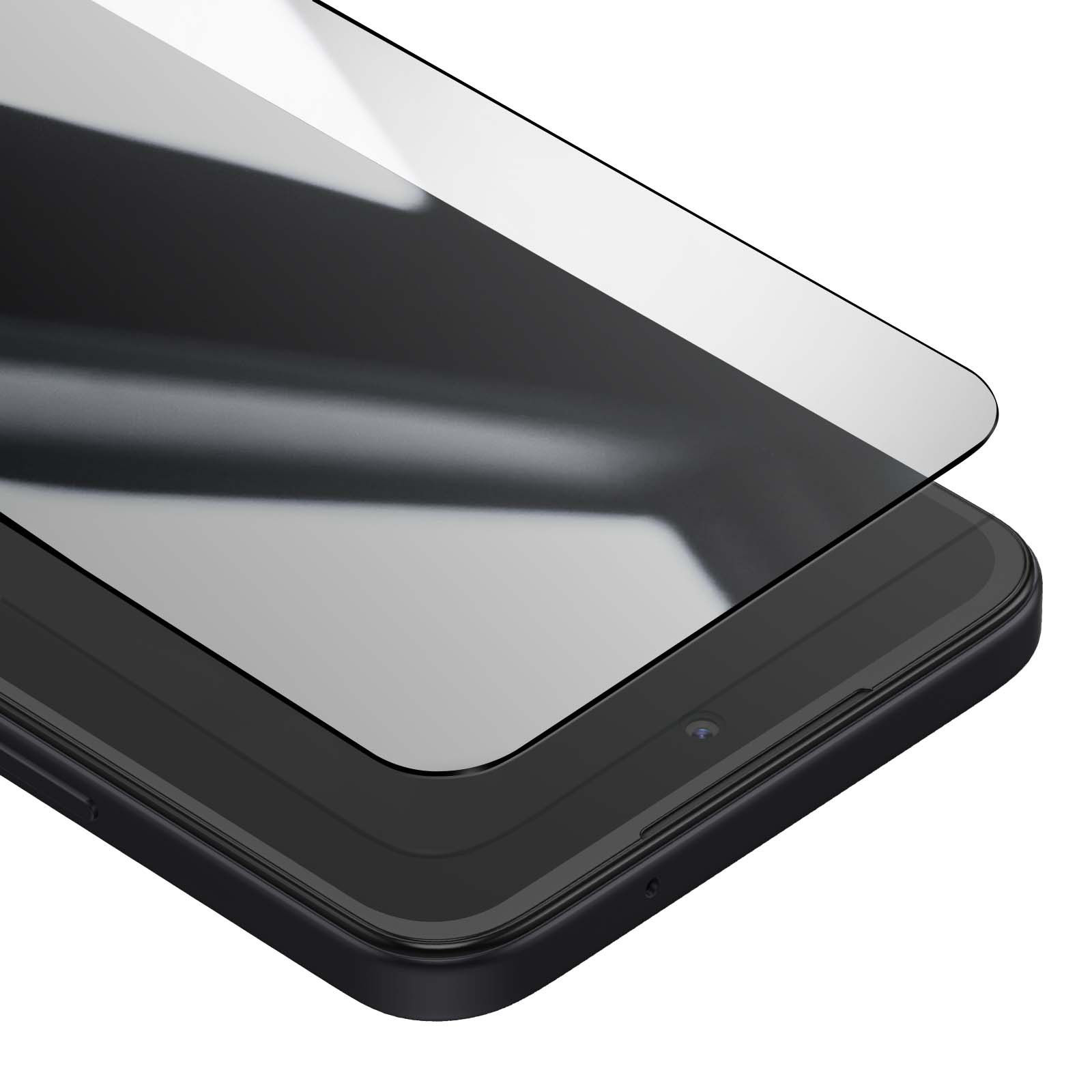Primo piano di una protezione schermo applicata a un tablet. Il tablet è nero e la protezione è trasparente.