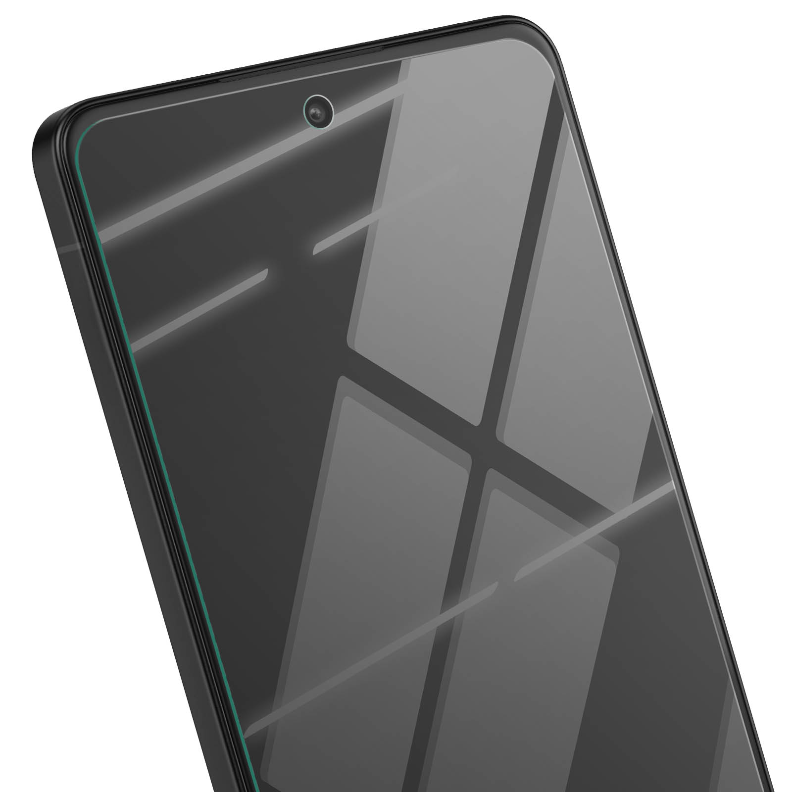Primo piano di uno smartphone con schermo riflettente. Ha una fotocamera frontale. I bordi sono neri.