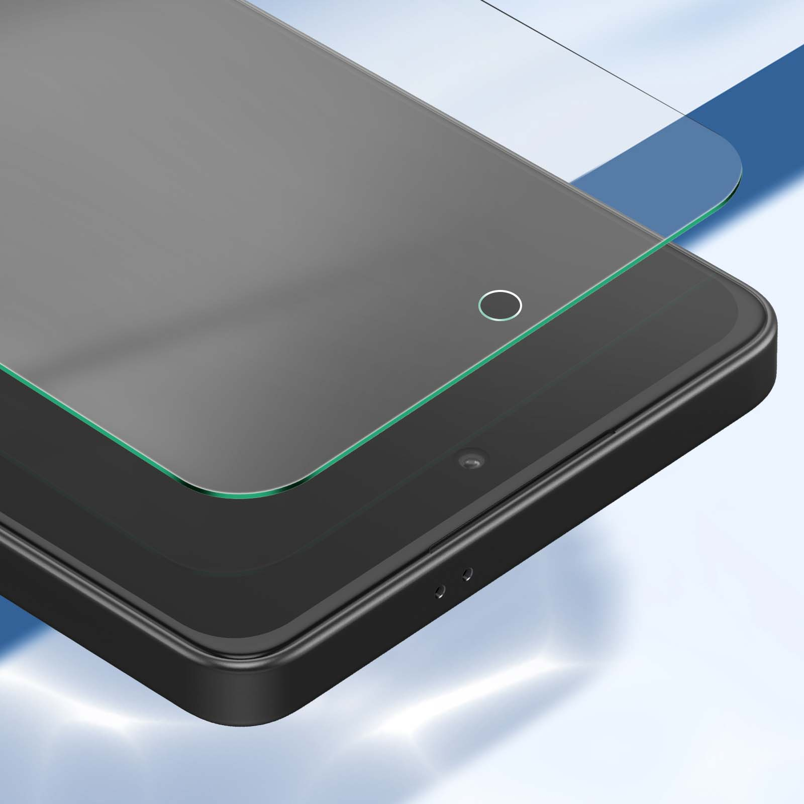 Uno smartphone con protezione schermo. Il telefono è nero, la protezione trasparente. Lo sfondo è sfumato.