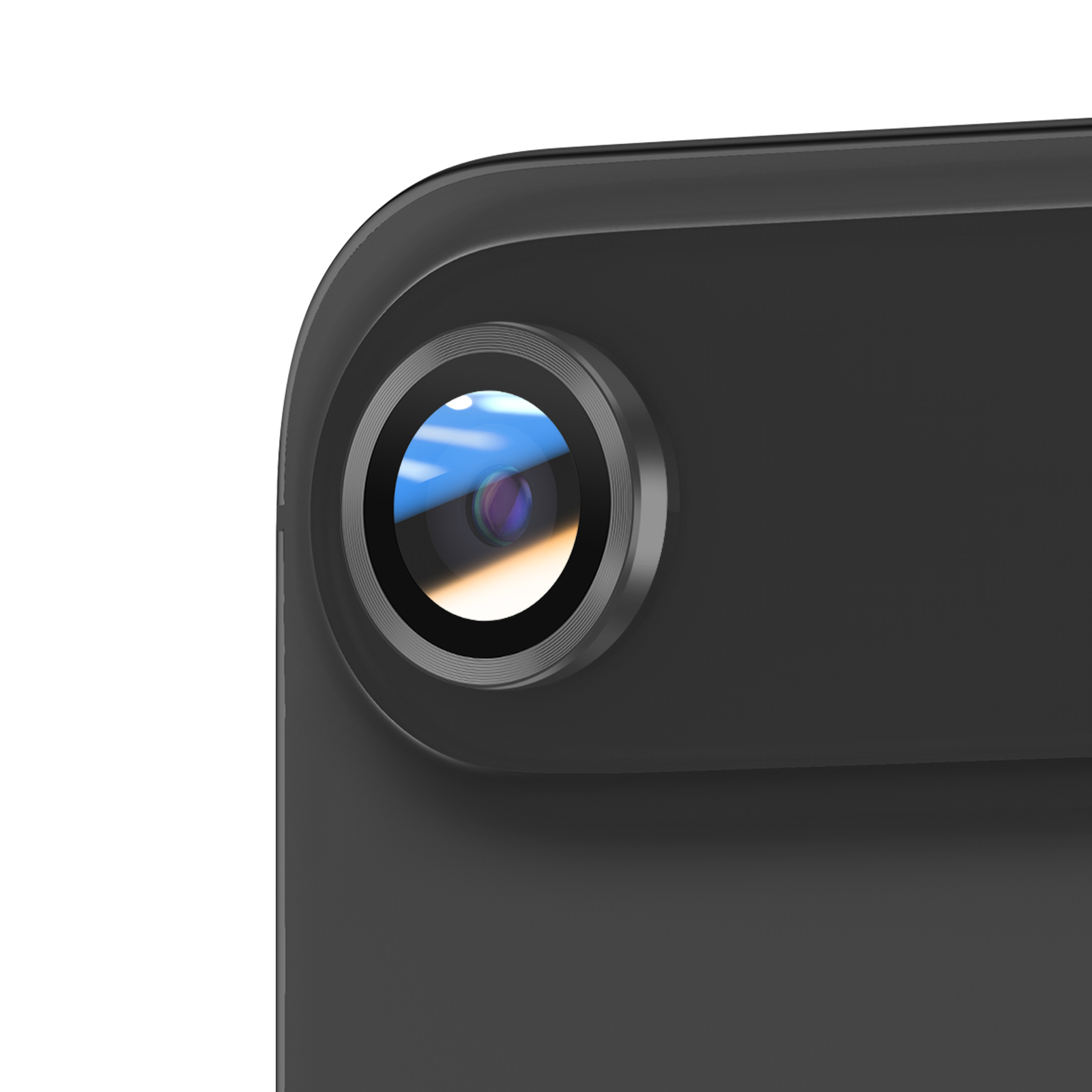 Close-up of a black camera lens. The lens reflects a blue sky. The camera body is also black.