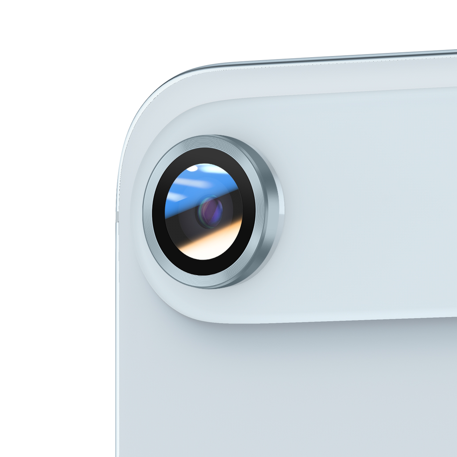 Close-up of a camera lens on a light blue device. Lens is surrounded by a silver ring, reflecting light.