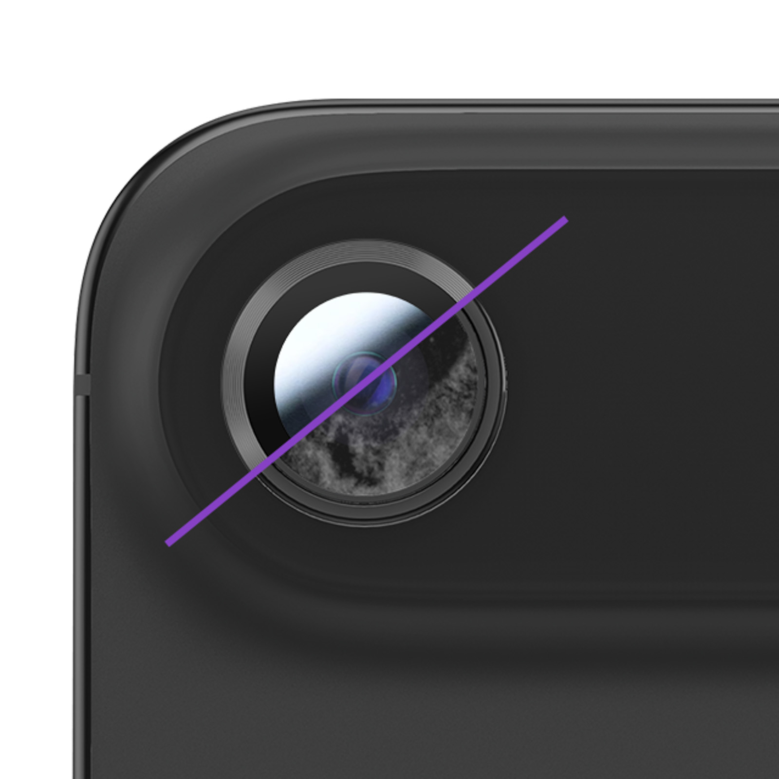 Close-up of a phone camera lens with a purple line through it, indicating it is disabled.