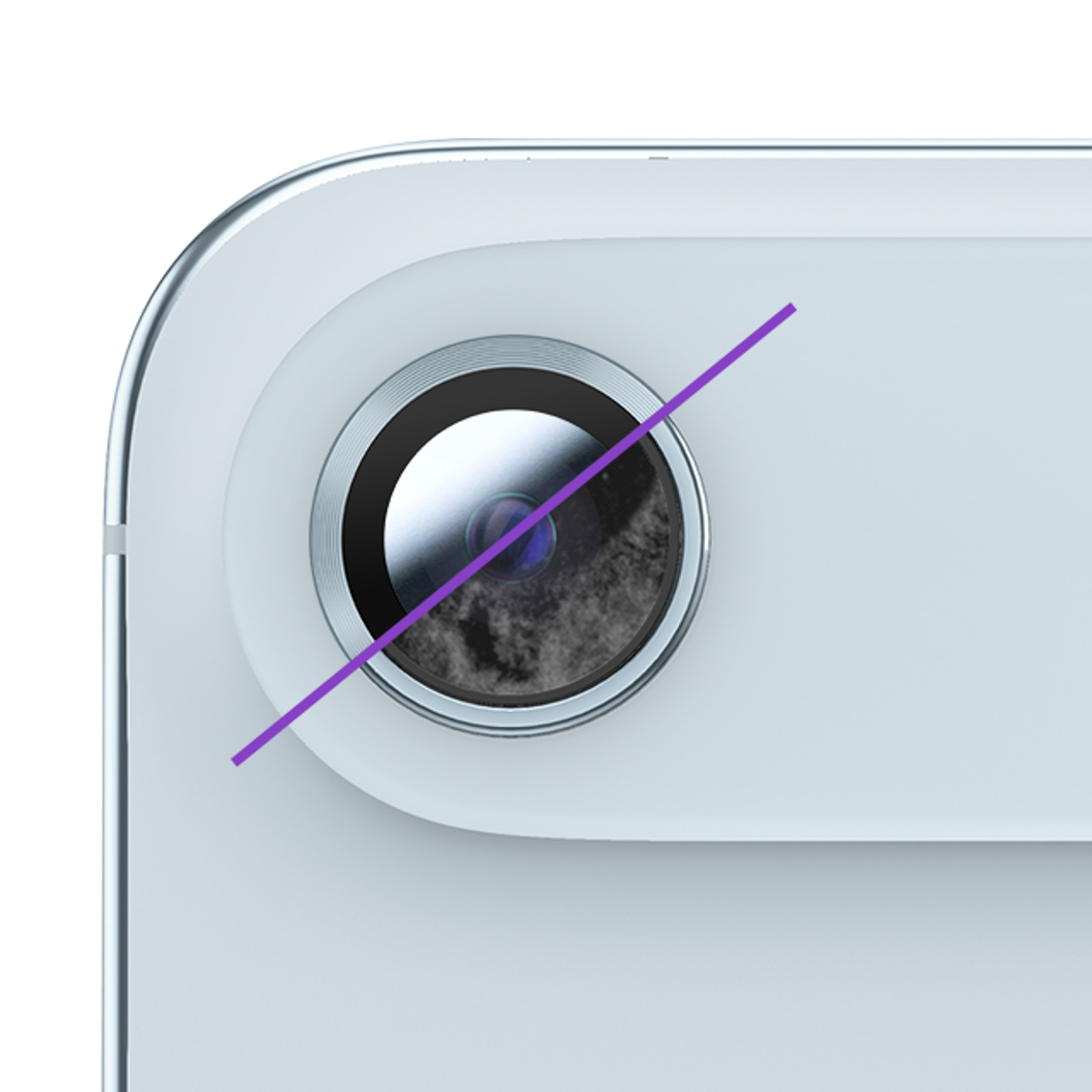 Close-up of a camera lens with a purple line crossing it. The background is white.