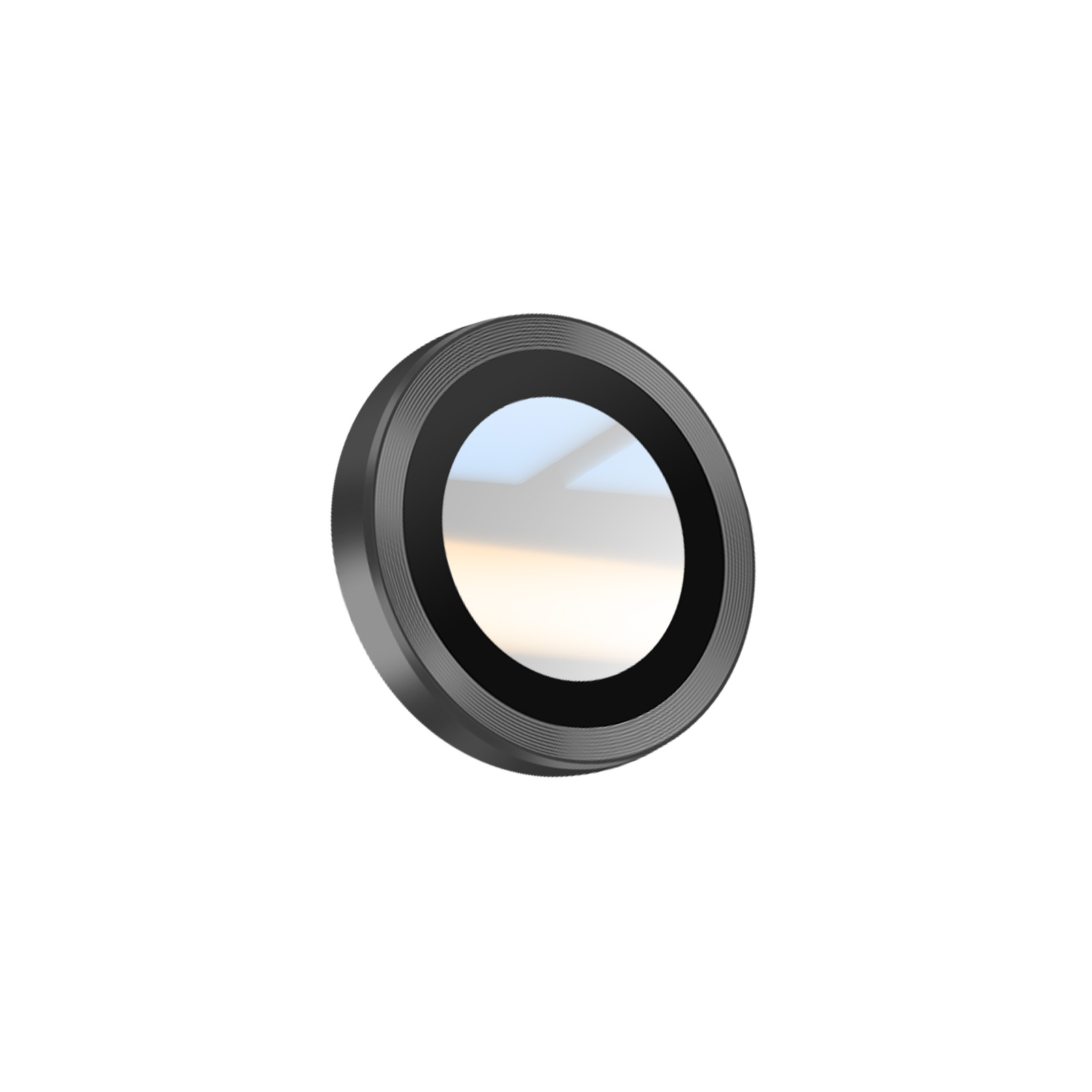 A round, black camera lens with a reflective glass center, set against a white background.