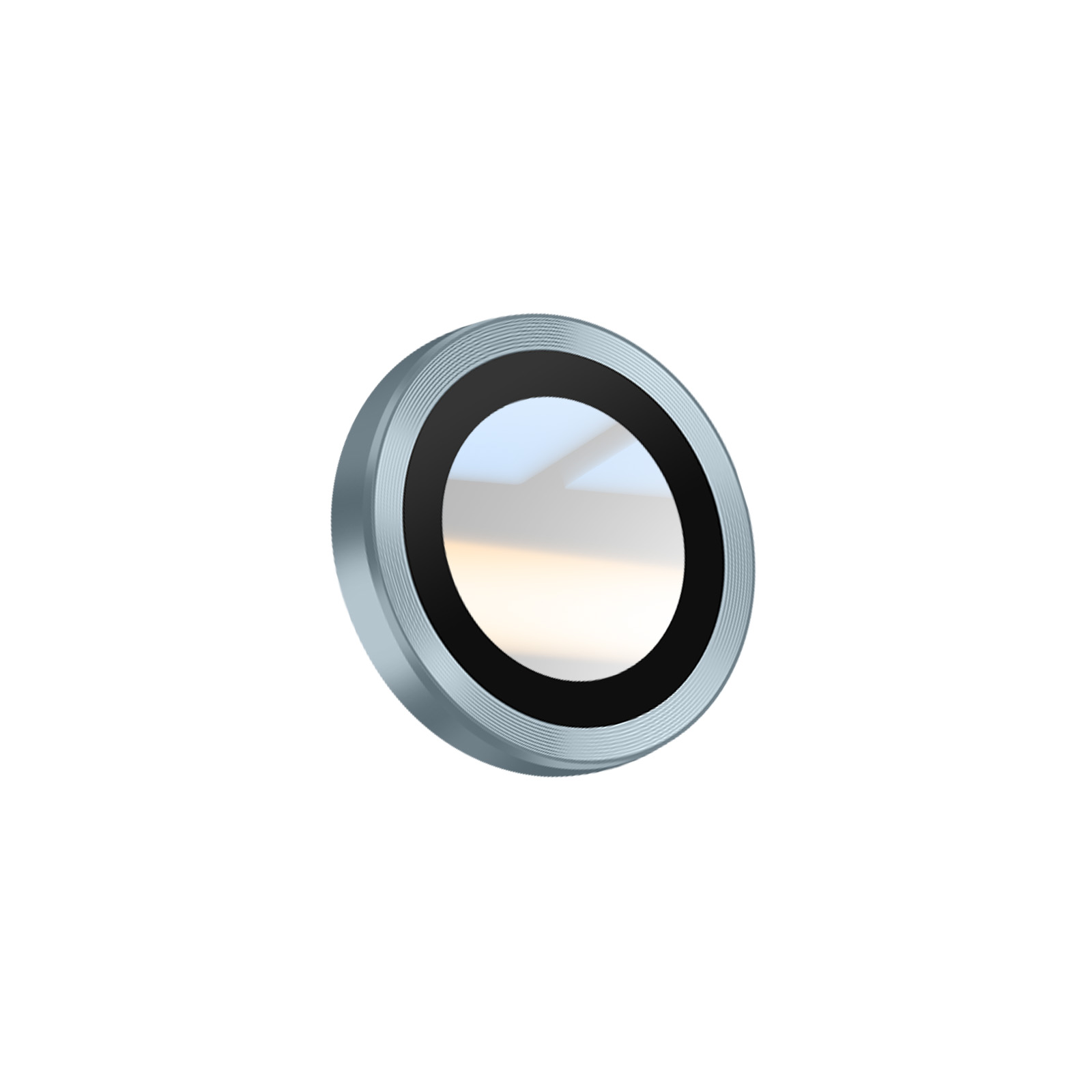 A metallic, circular lens element with a black ring around the glass, reflecting a light sky.