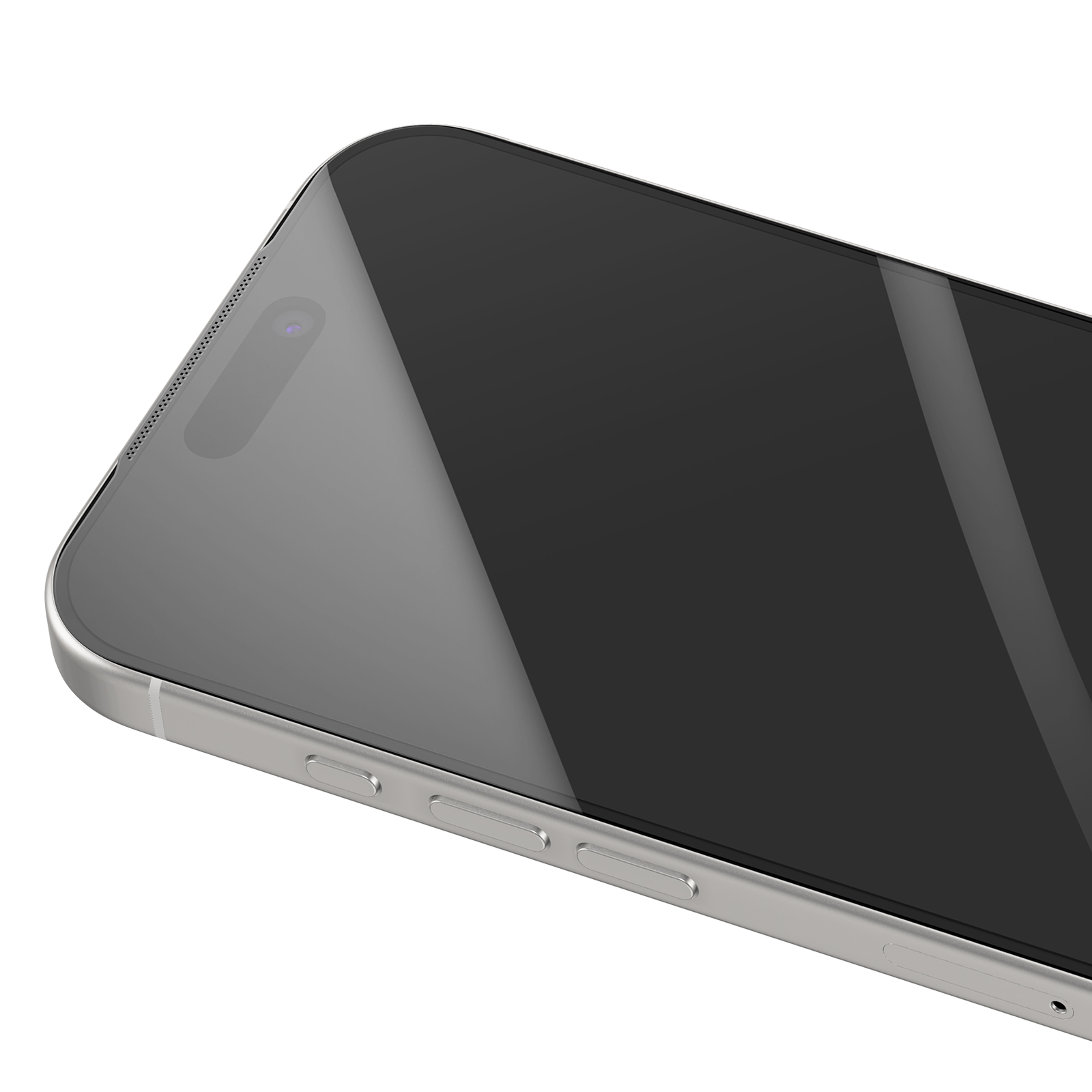 Close-up of a silver smartphone. The screen is black, with a camera and buttons visible on the side.